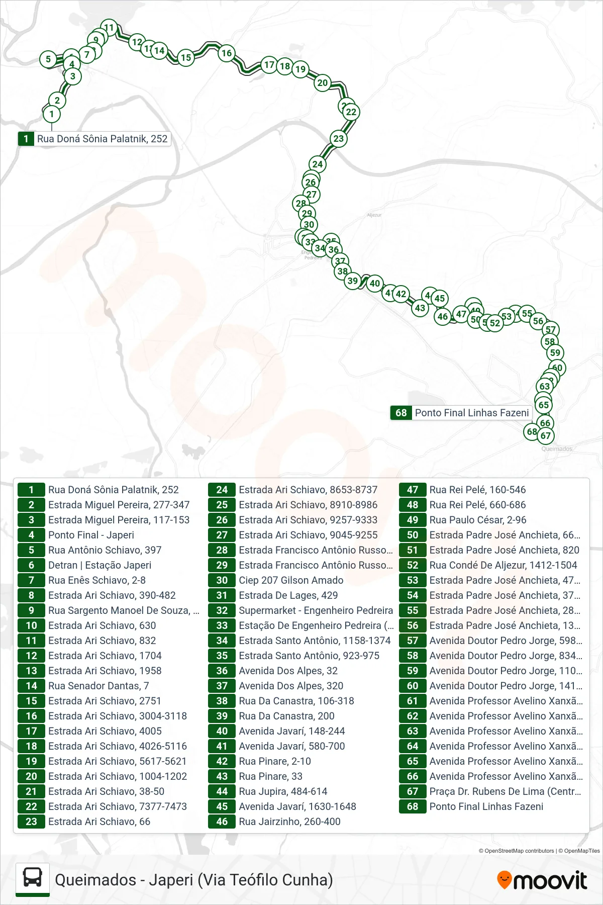 Rota e paradas da linha de ônibus 565I (Queimados) no mapa