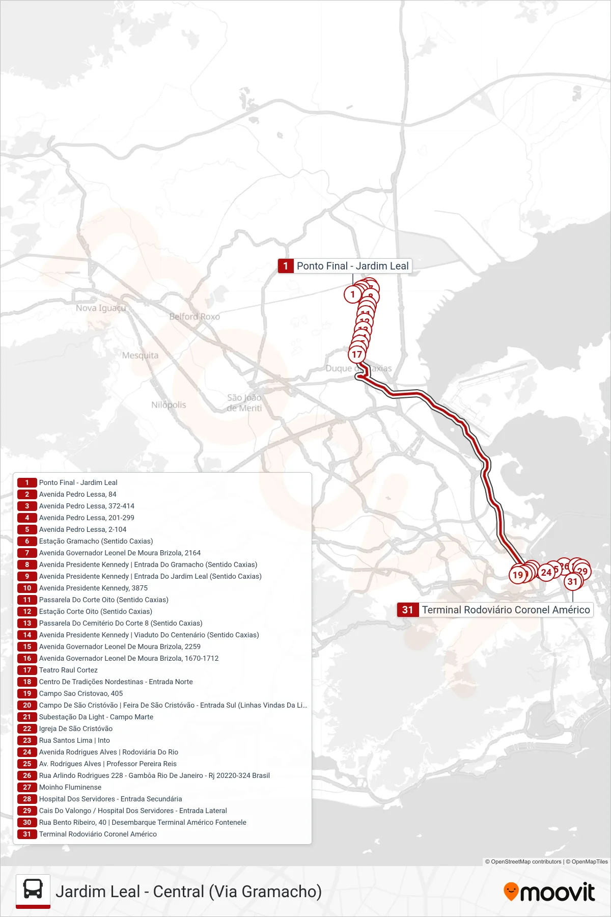 415C bus Line (Central (Via Linha Vermelha)) route and stops on a map