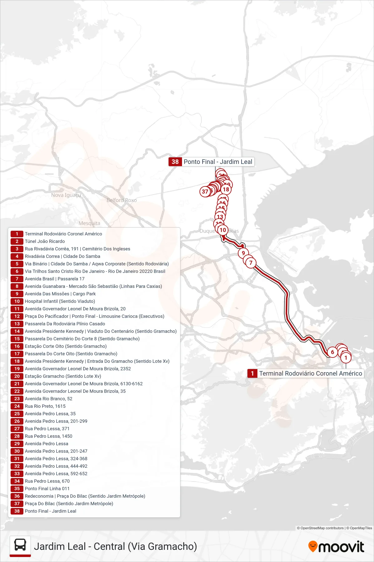 415C bus Line (Jardim Leal (Via Seletiva / Linha Vermelha)) route and stops on a map