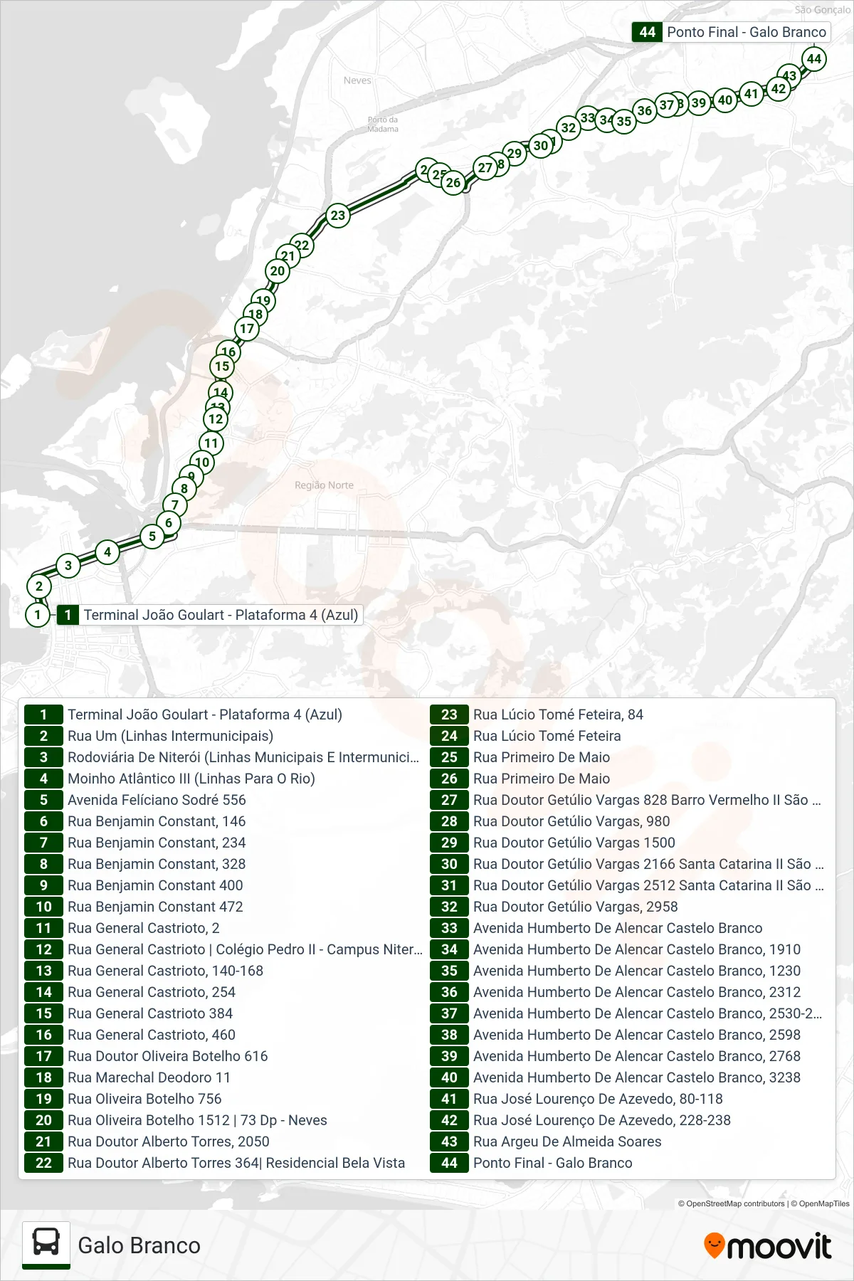 Rota e paradas da linha de ônibus  528  (Galo Branco) no mapa