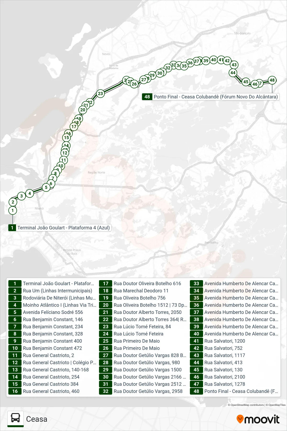 Rota e paradas da linha de ônibus 529 (Ceasa) no mapa