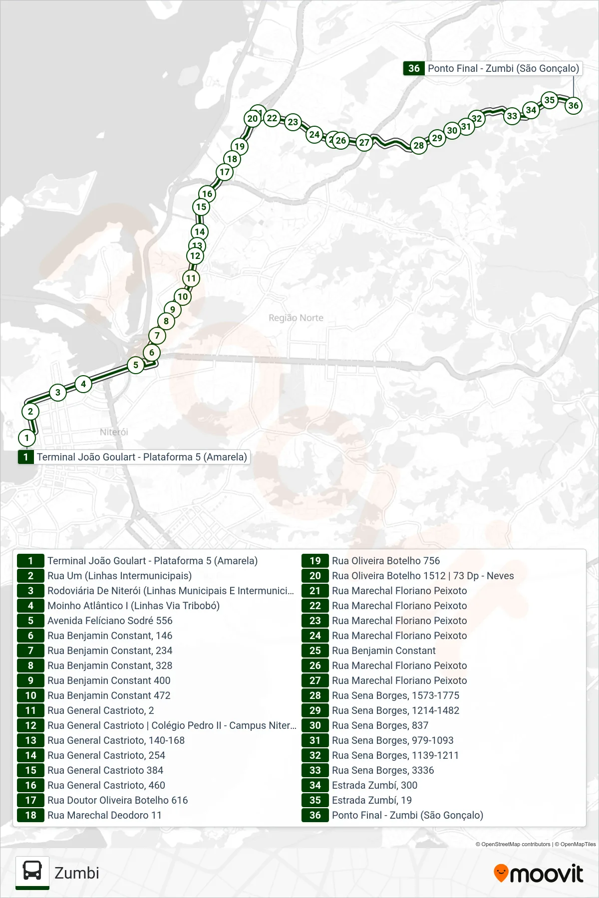 Rota e paradas da linha de ônibus 538 (Zumbi) no mapa