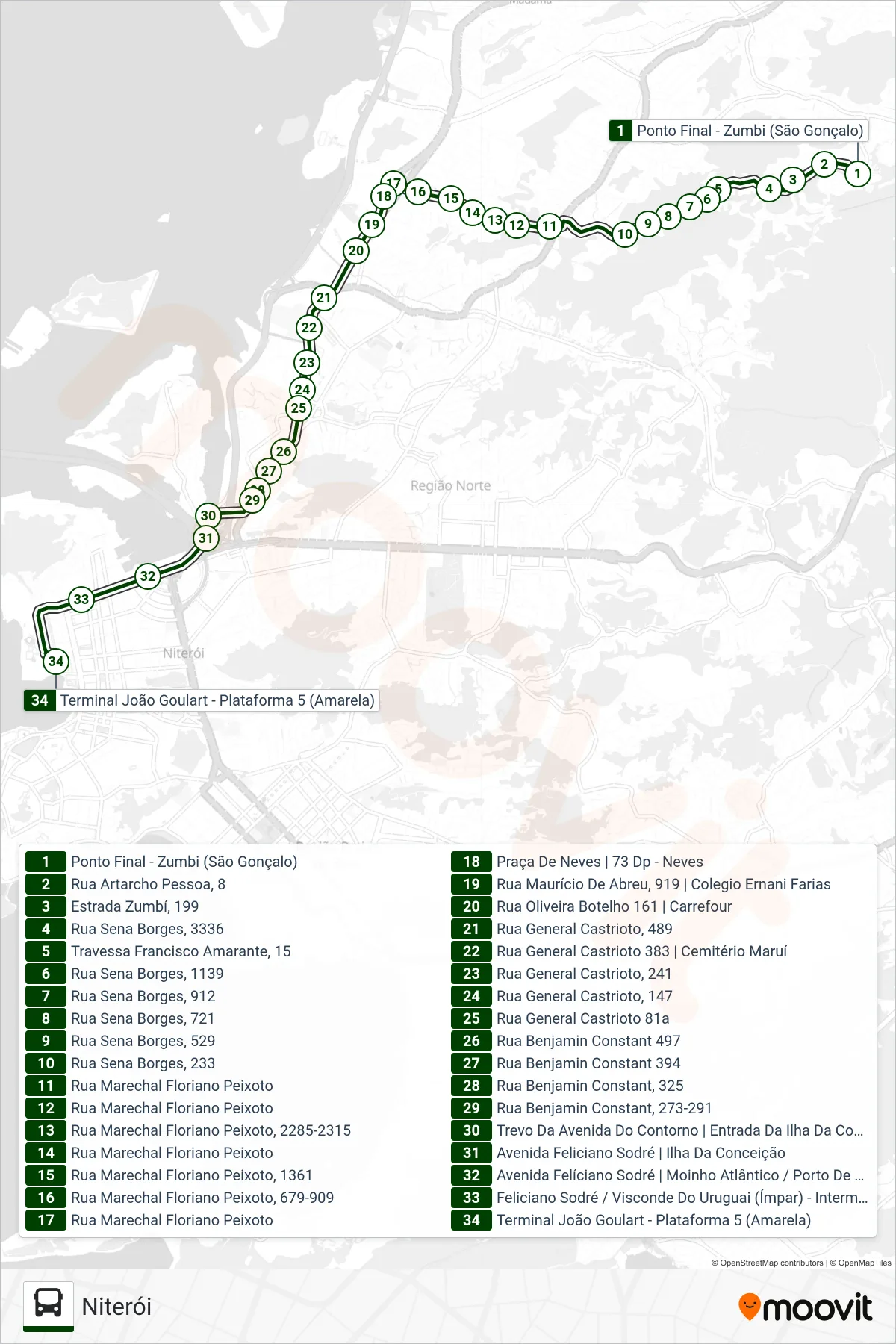 Rota e paradas da linha de ônibus 538 (Niterói) no mapa