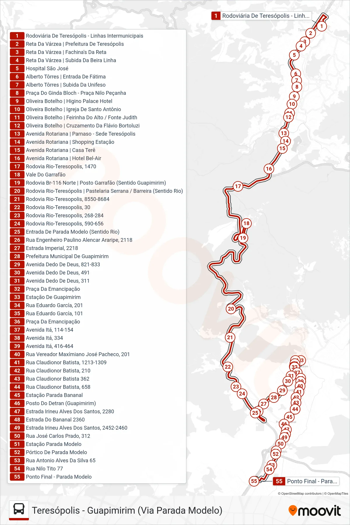 Rota e paradas da linha de ônibus  MS11  (Teresópolis ↔ Guapi [Via Parada Modelo]) no mapa