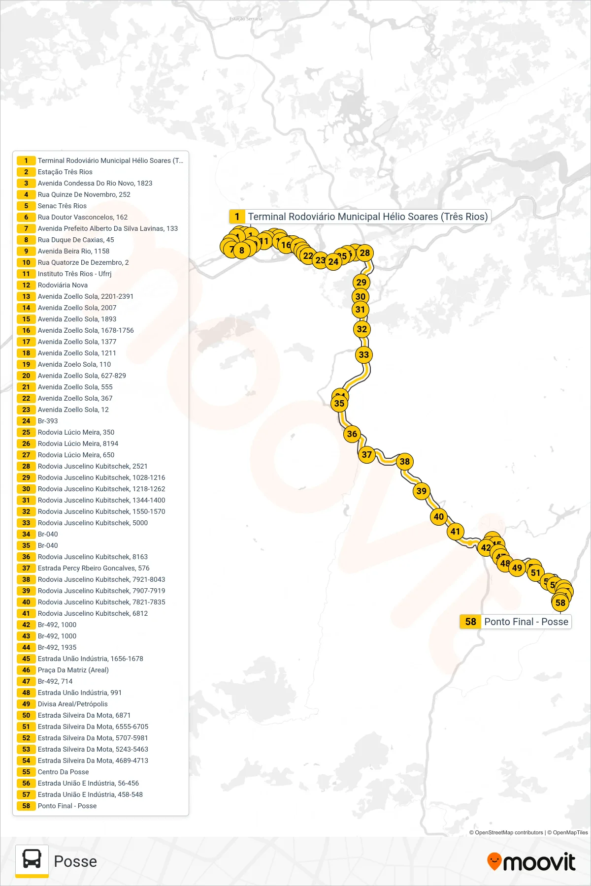 Rota e paradas da linha de ônibus MP73 (Posse) no mapa