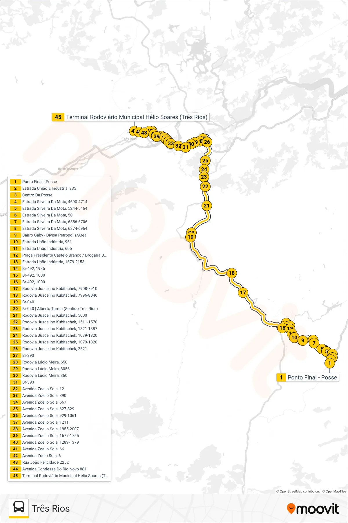 Rota e paradas da linha de ônibus  MP73  (Três Rios) no mapa