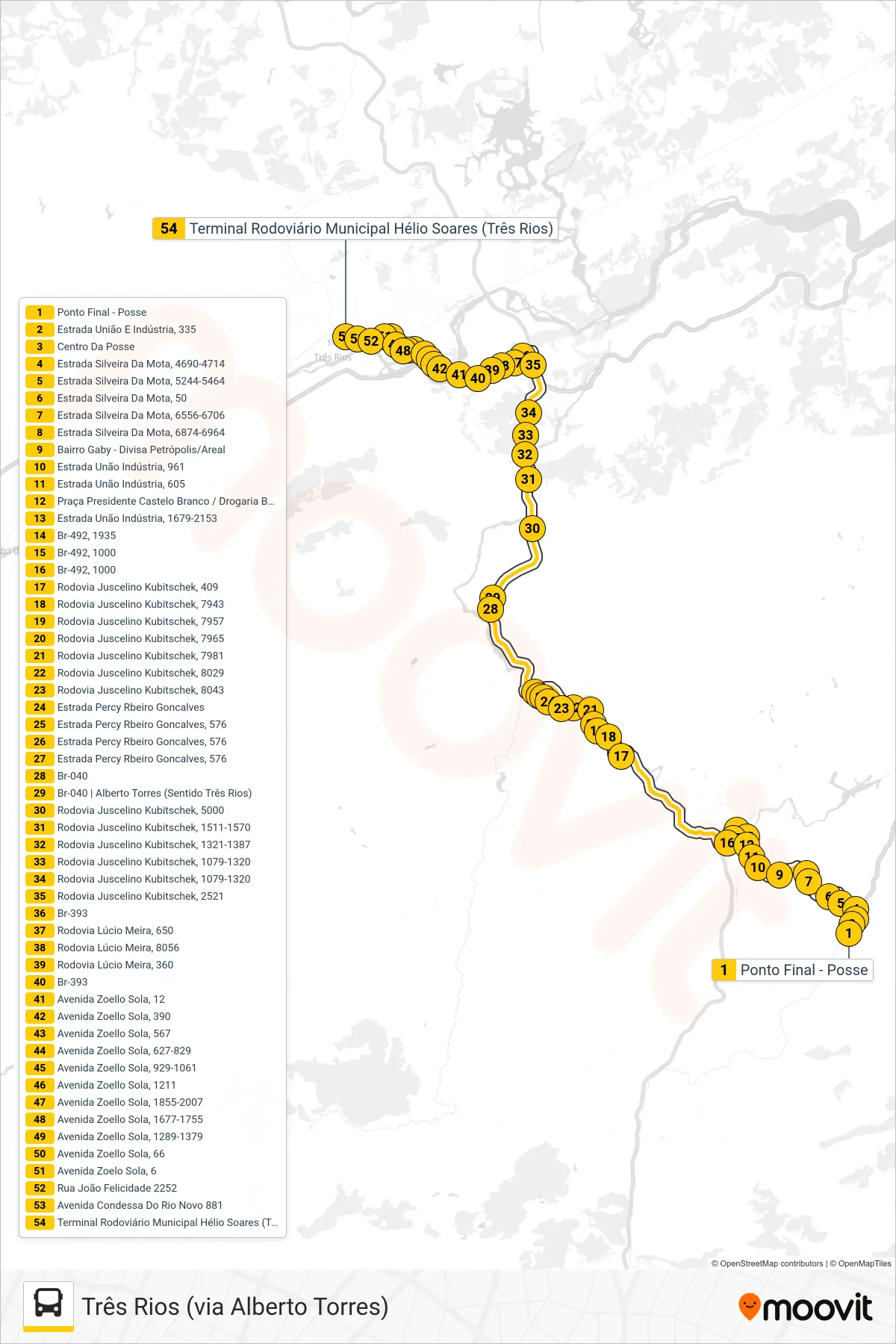 Rota e paradas da linha de ônibus MP73 (Três Rios (via Alberto Torres)) no mapa