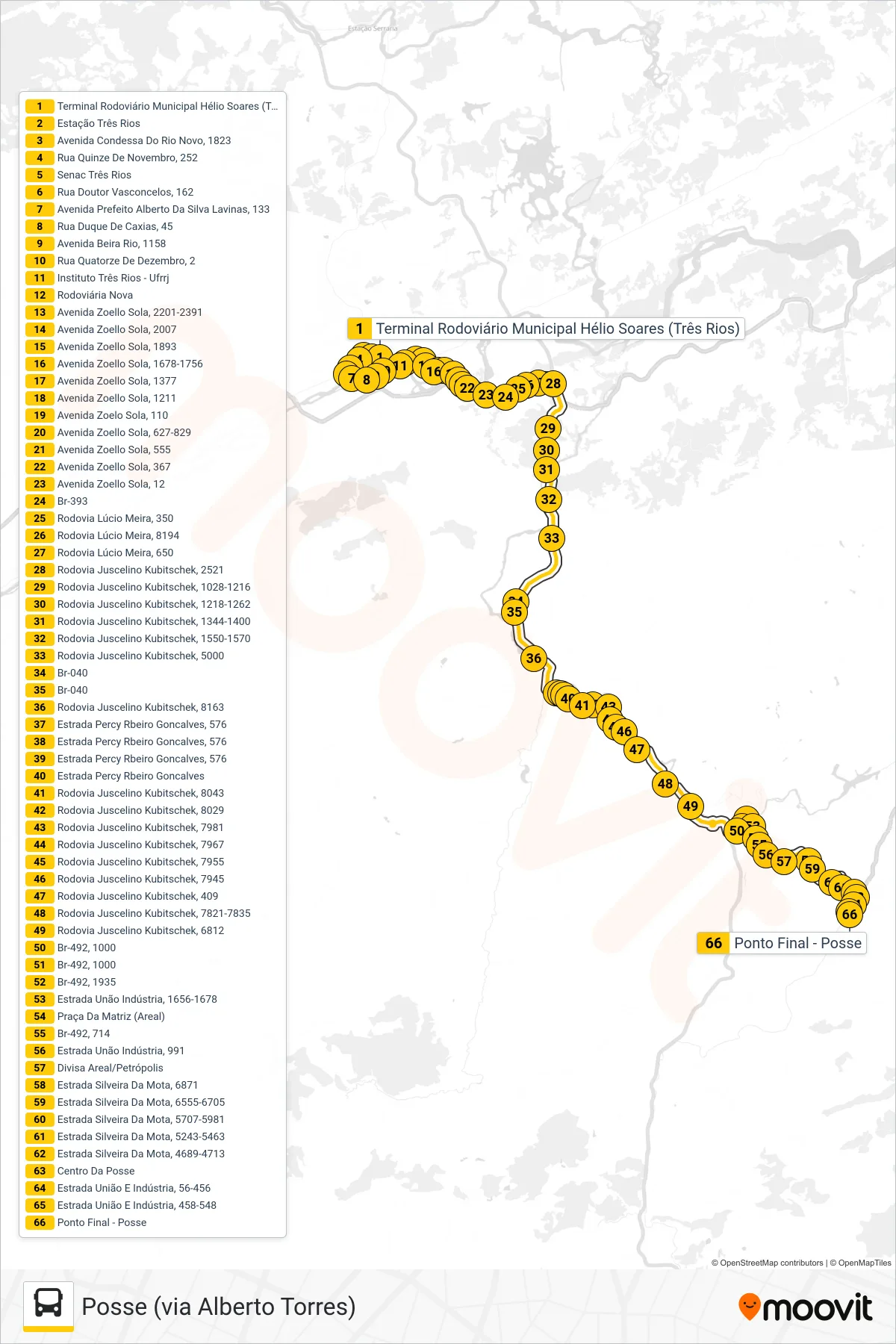 Rota e paradas da linha de ônibus MP73 (Posse (via Alberto Torres)) no mapa