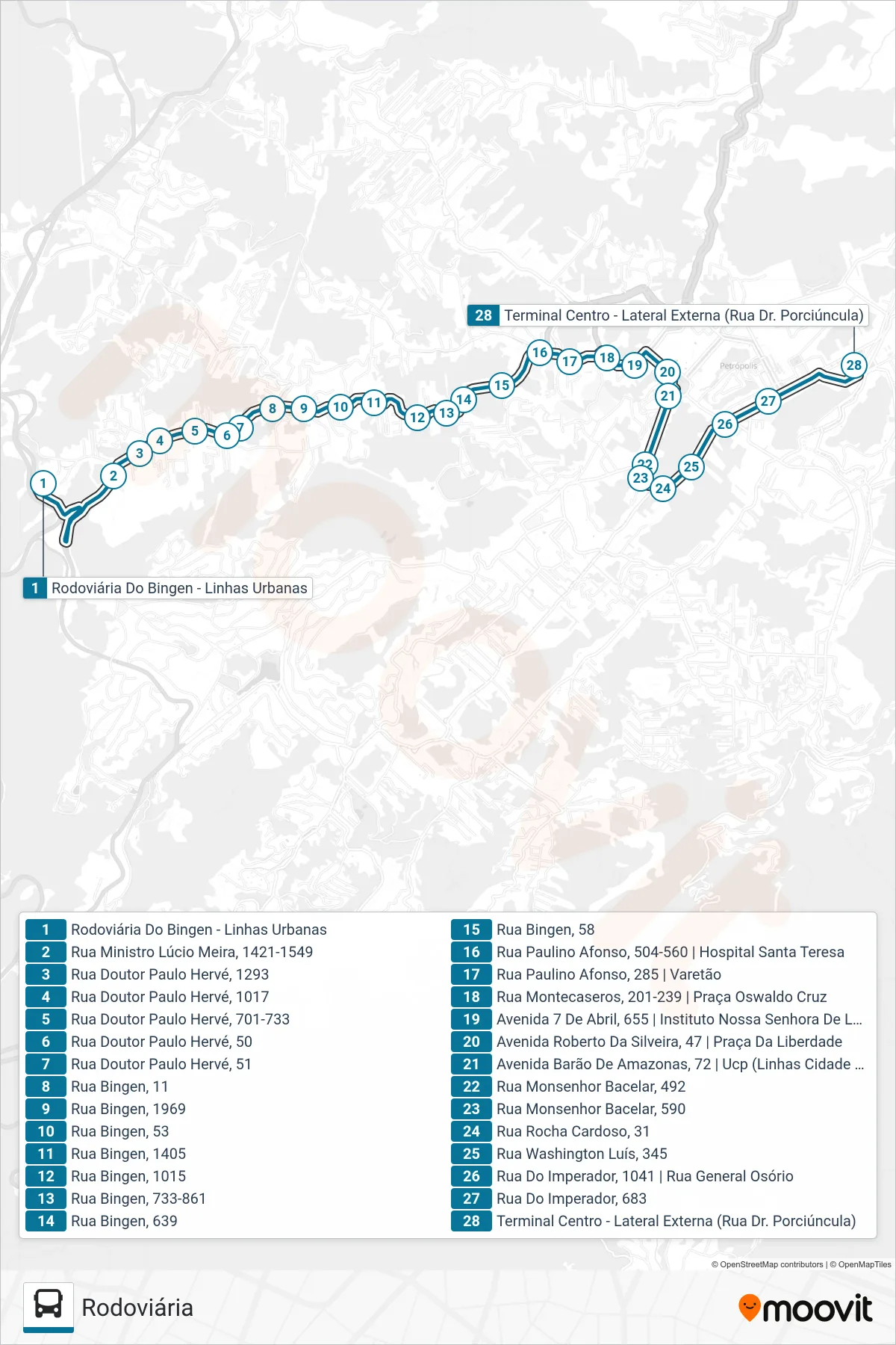 Rota e paradas da linha de ônibus 100 (Centro) no mapa