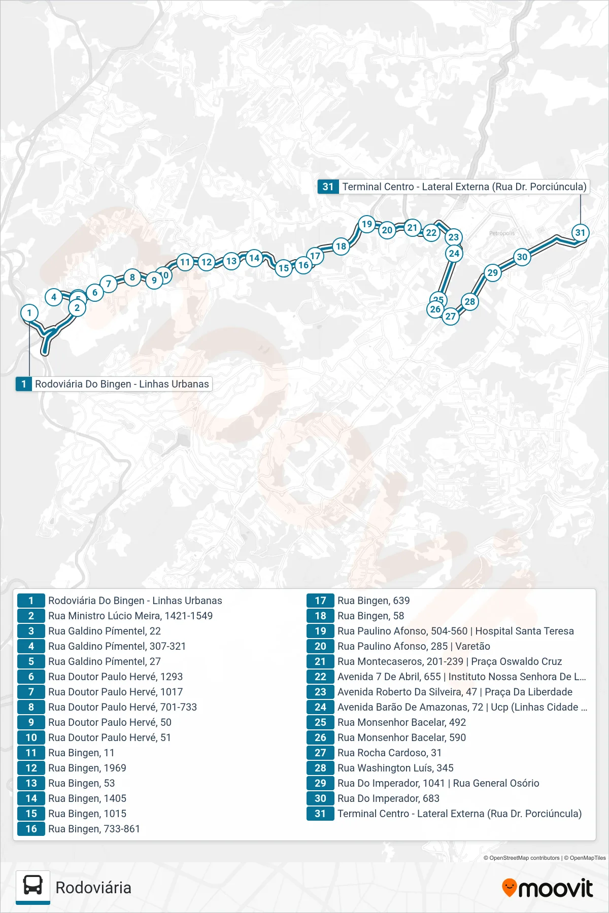 Rota e paradas da linha de ônibus 100 (Centro (Via Galdino Pimentel)) no mapa