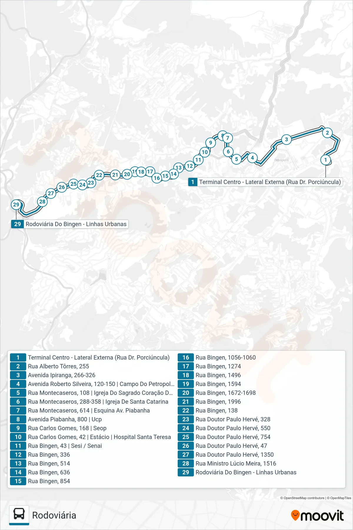 Rota e paradas da linha de ônibus  100  (Rodoviária) no mapa