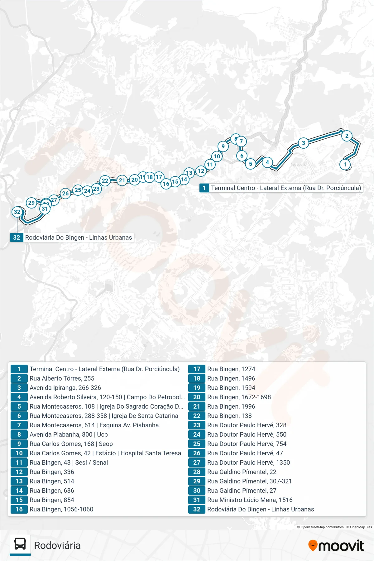 Rota e paradas da linha de ônibus 100 (Rodoviária (Via Galdino Pimentel)) no mapa