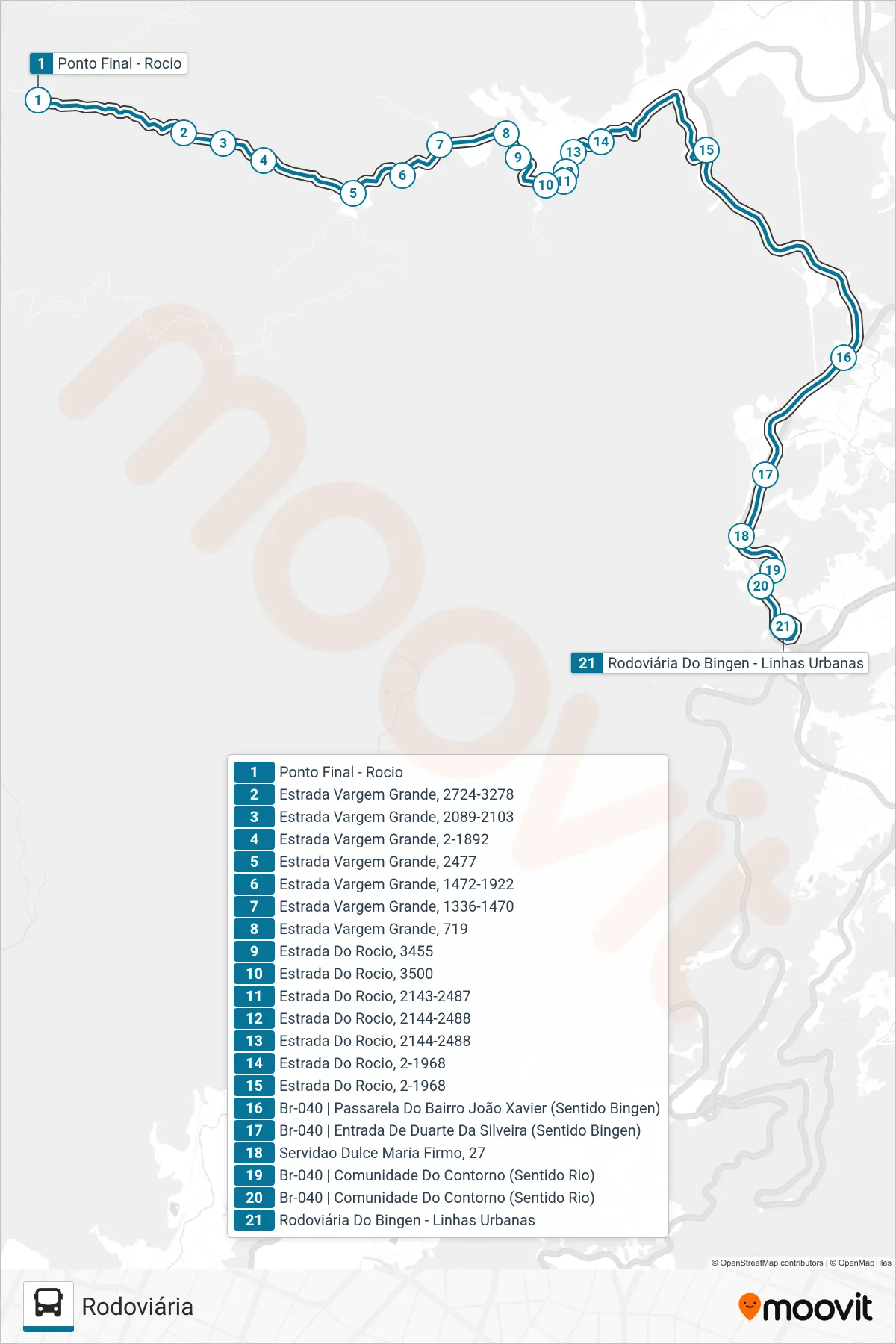 Rota e paradas da linha de ônibus 101 (Rodoviária) no mapa