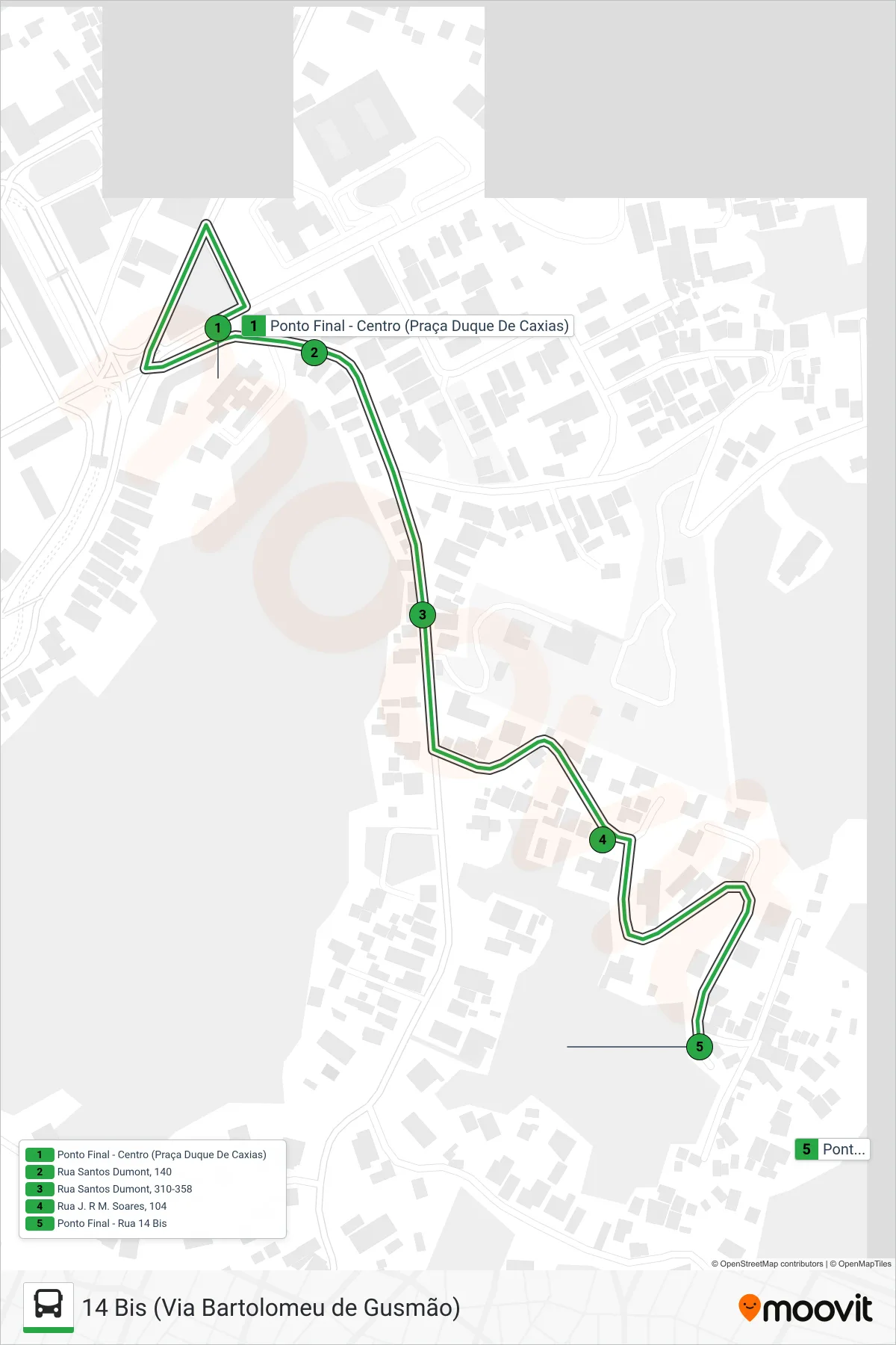 Rota e paradas da linha de ônibus 102 (14 Bis) no mapa