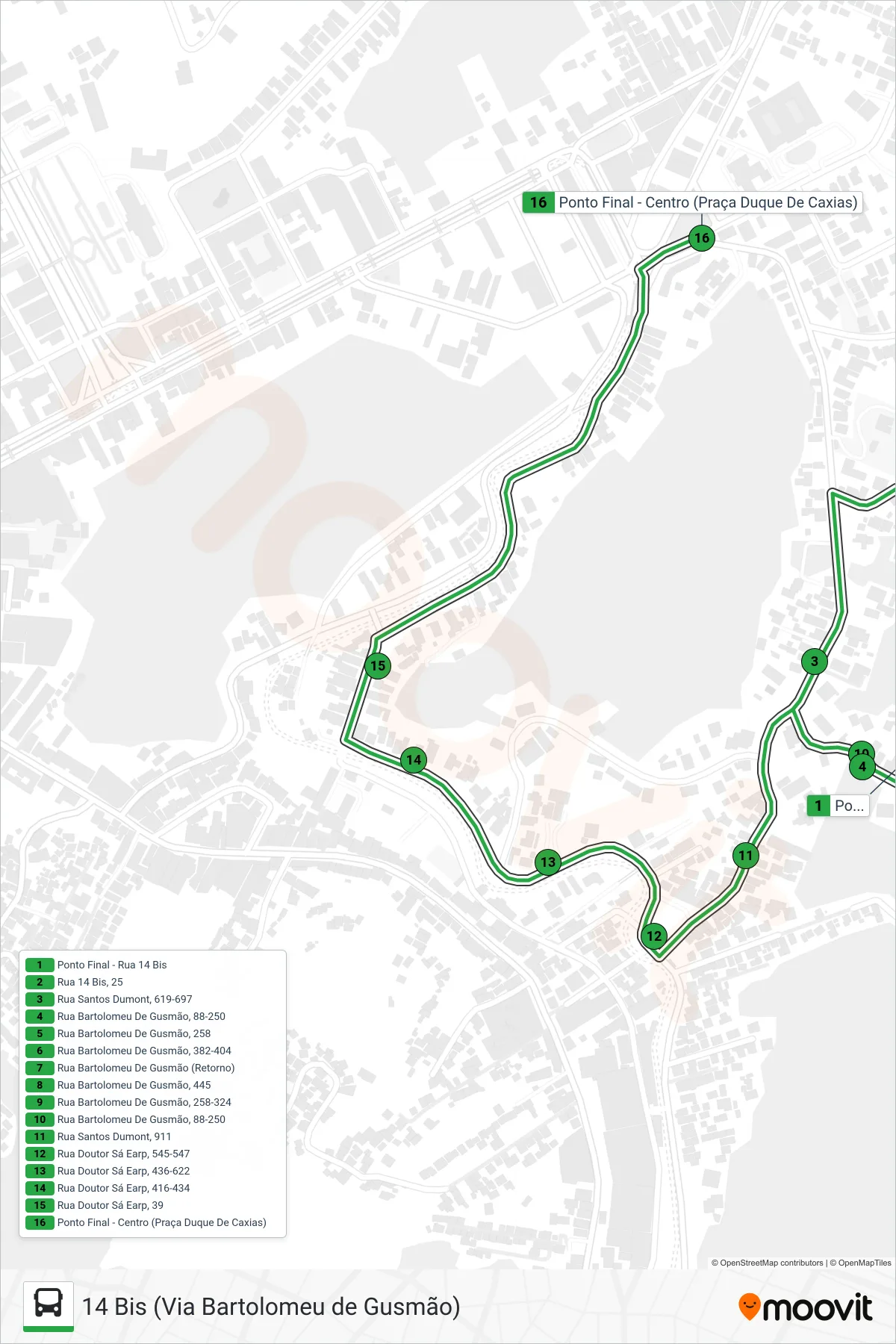 Rota e paradas da linha de ônibus 102 (Centro) no mapa