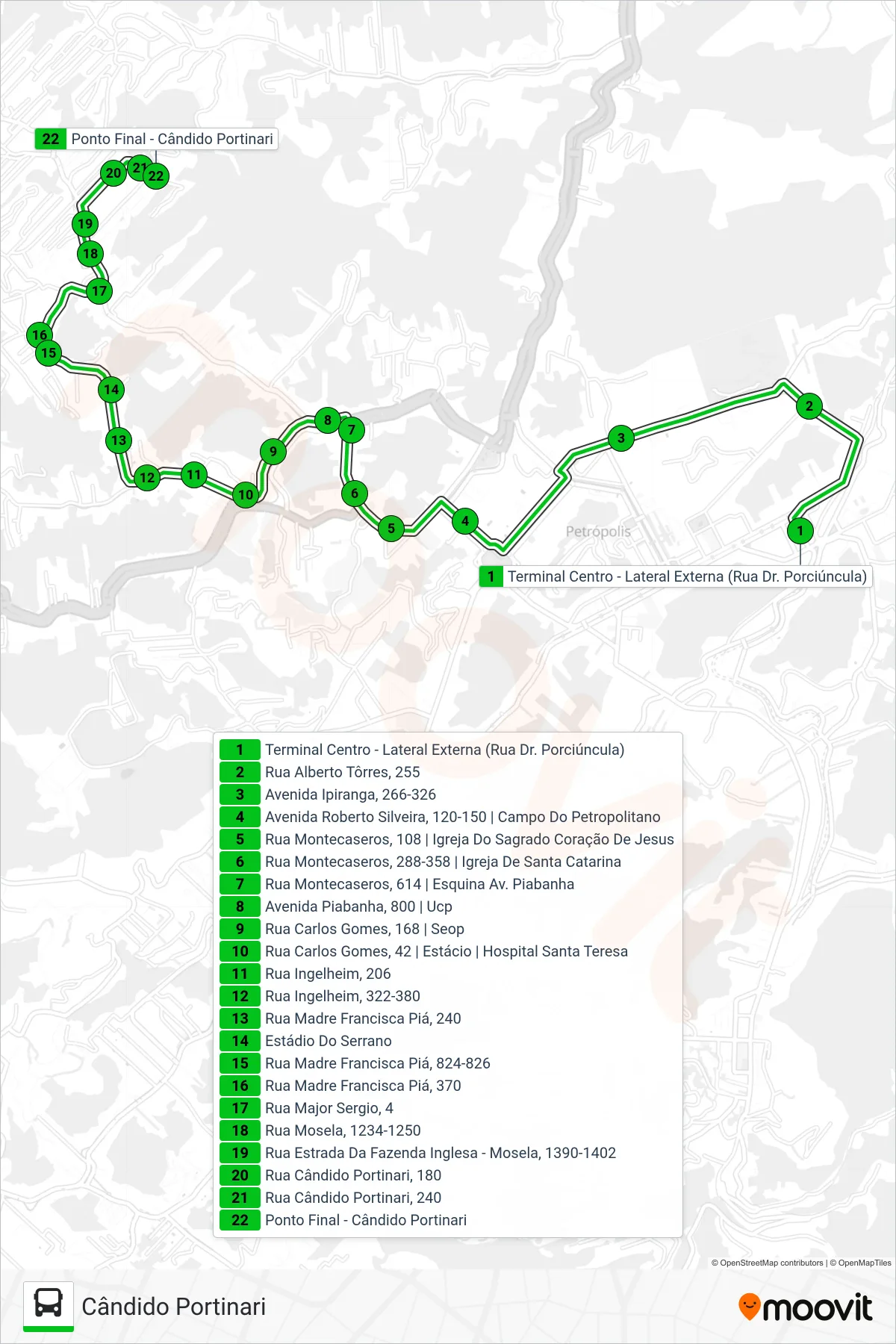 Rota e paradas da linha de ônibus 103 (Cândido Portinari) no mapa