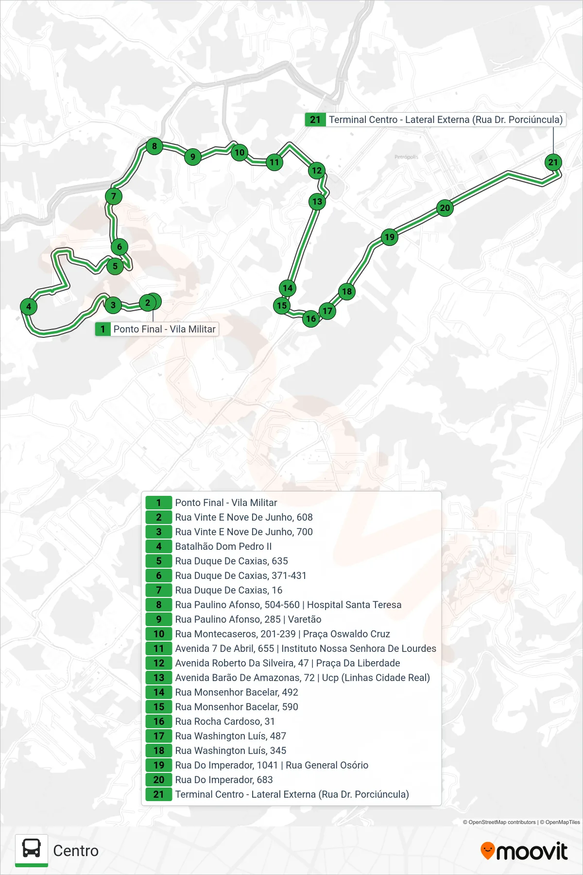 Rota e paradas da linha de ônibus 104 (Centro) no mapa