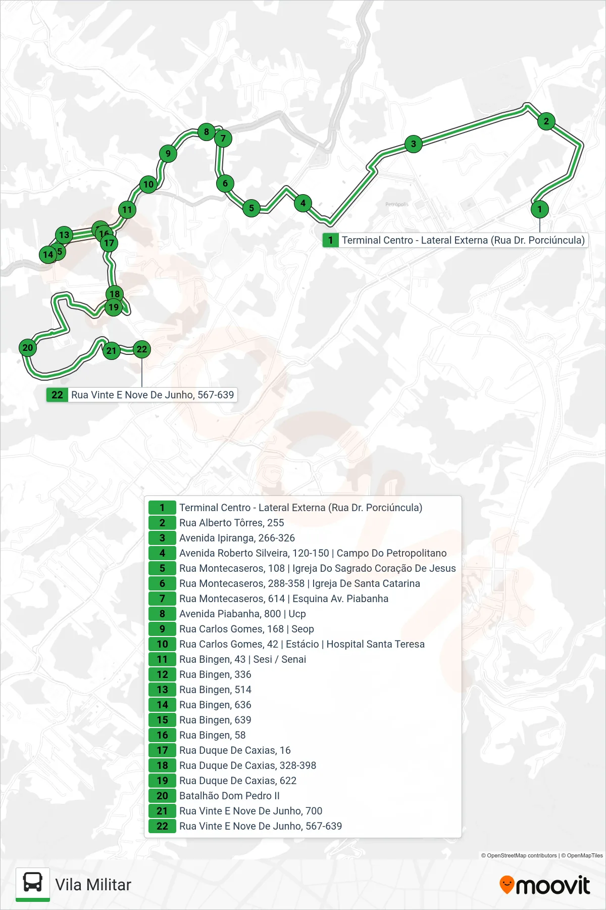 Rota e paradas da linha de ônibus 104 (Vila Militar) no mapa