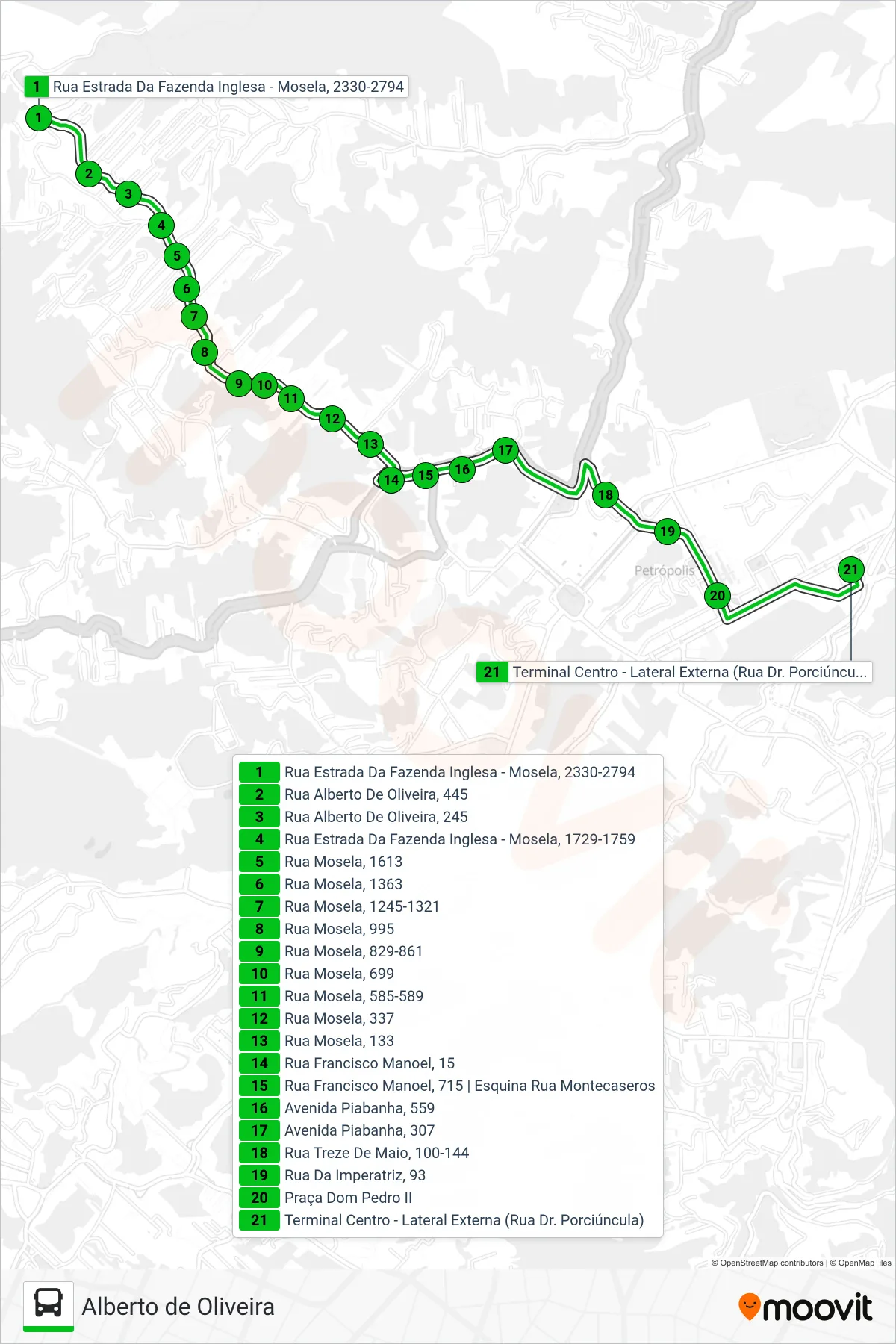 Rota e paradas da linha de ônibus  105  (Centro) no mapa