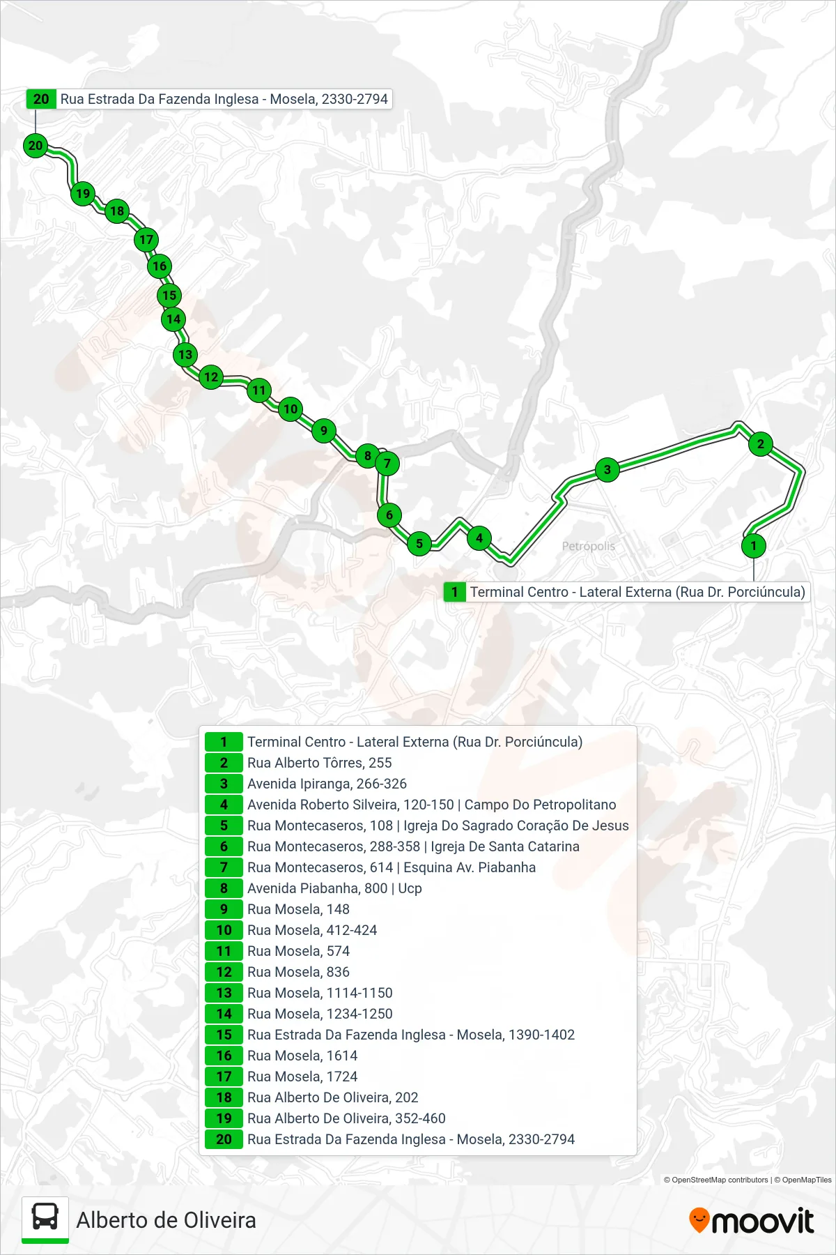 Rota e paradas da linha de ônibus 105 (Alberto De Oliveira) no mapa