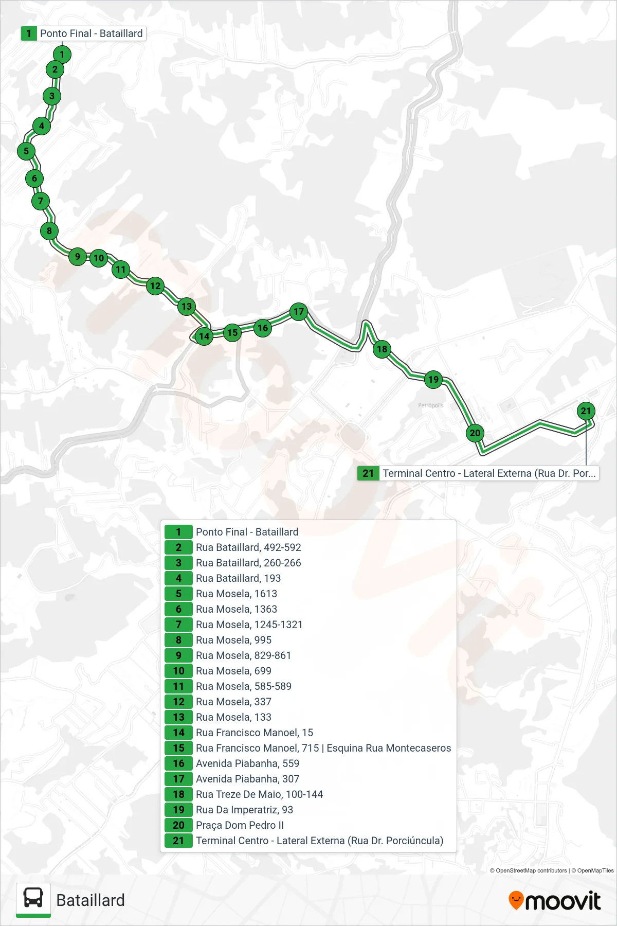 Rota e paradas da linha de ônibus  106  (Centro) no mapa