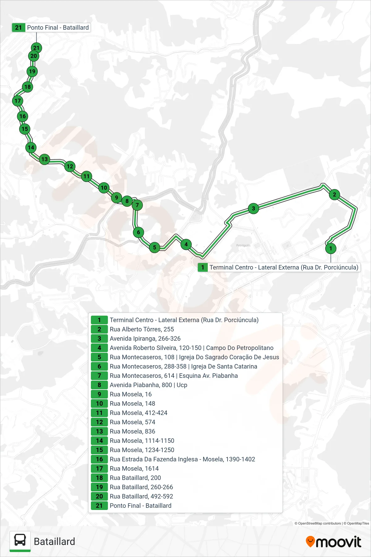 Rota e paradas da linha de ônibus 106 (Bataillard) no mapa