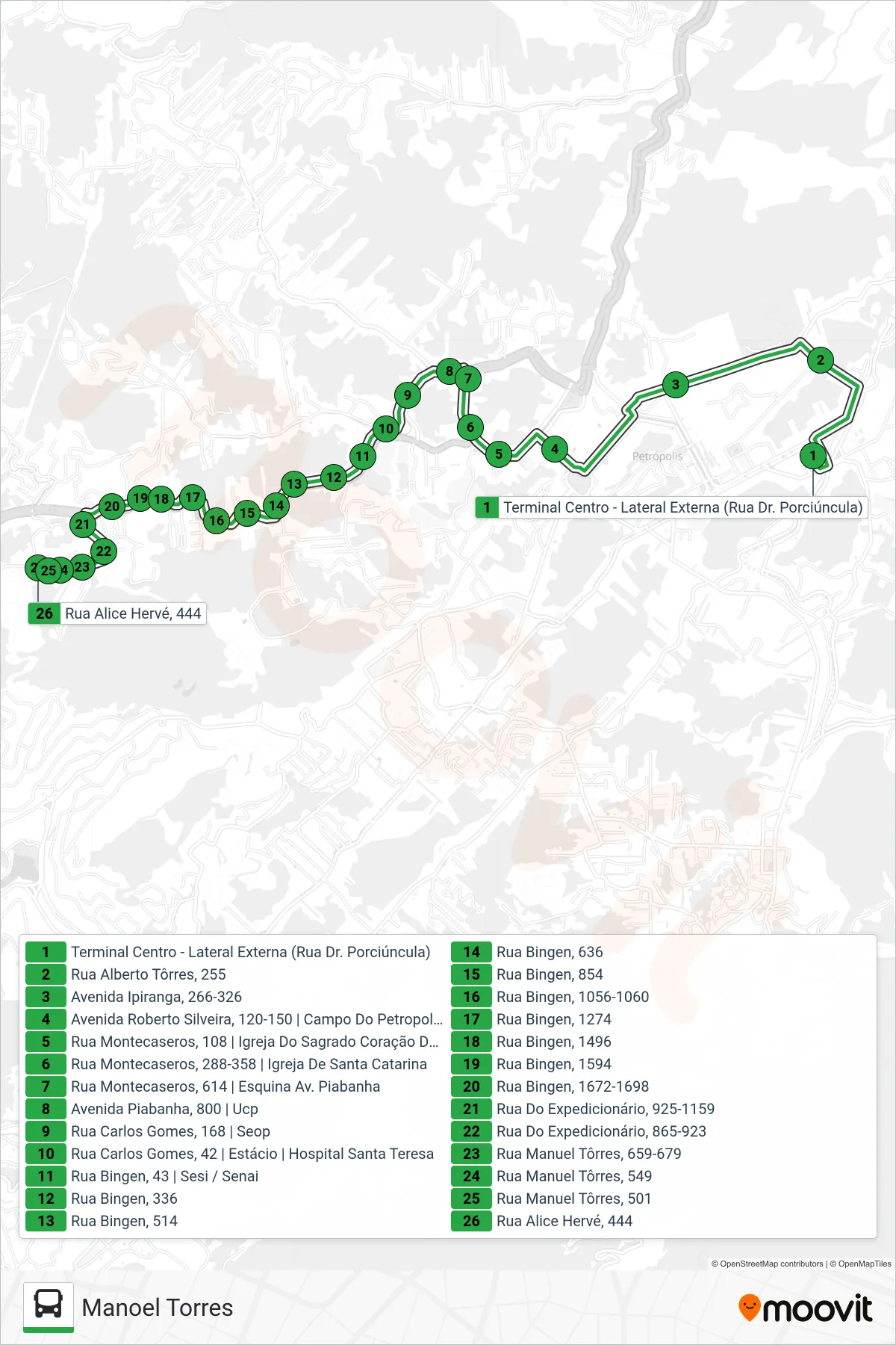 107 bus Line (Manoel Torres) route and stops on a map