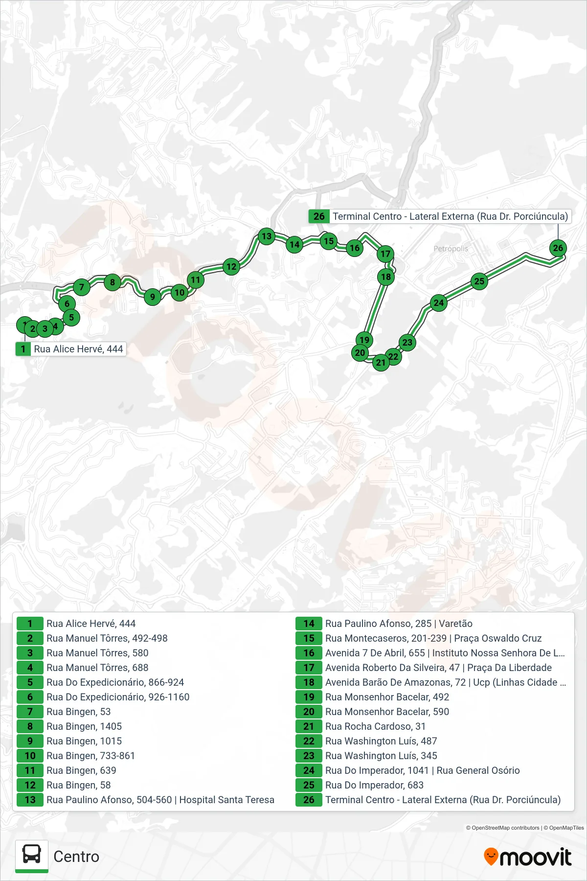 107 bus Line (Centro) route and stops on a map