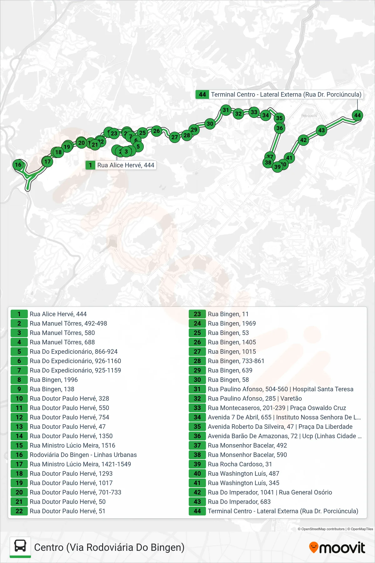 Rota e paradas da linha de ônibus  107  (Centro (Via Rodoviária Do Bingen)) no mapa