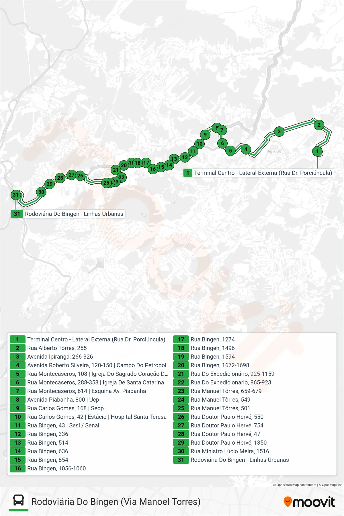 Rota e paradas da linha de ônibus 107 (Rodoviária Do Bingen (Via Manoel Torres)) no mapa