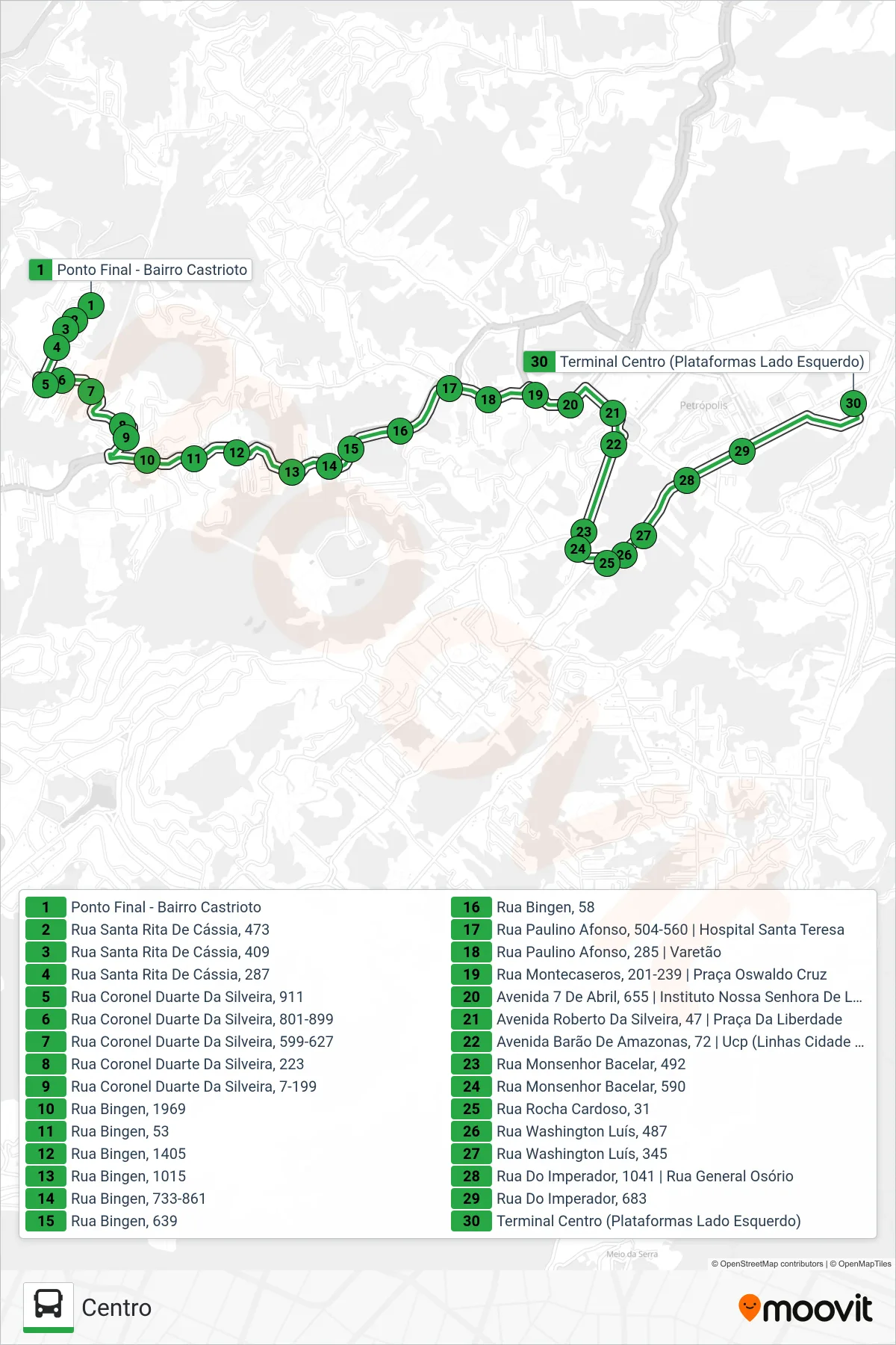 Rota e paradas da linha de ônibus 108 (Centro) no mapa