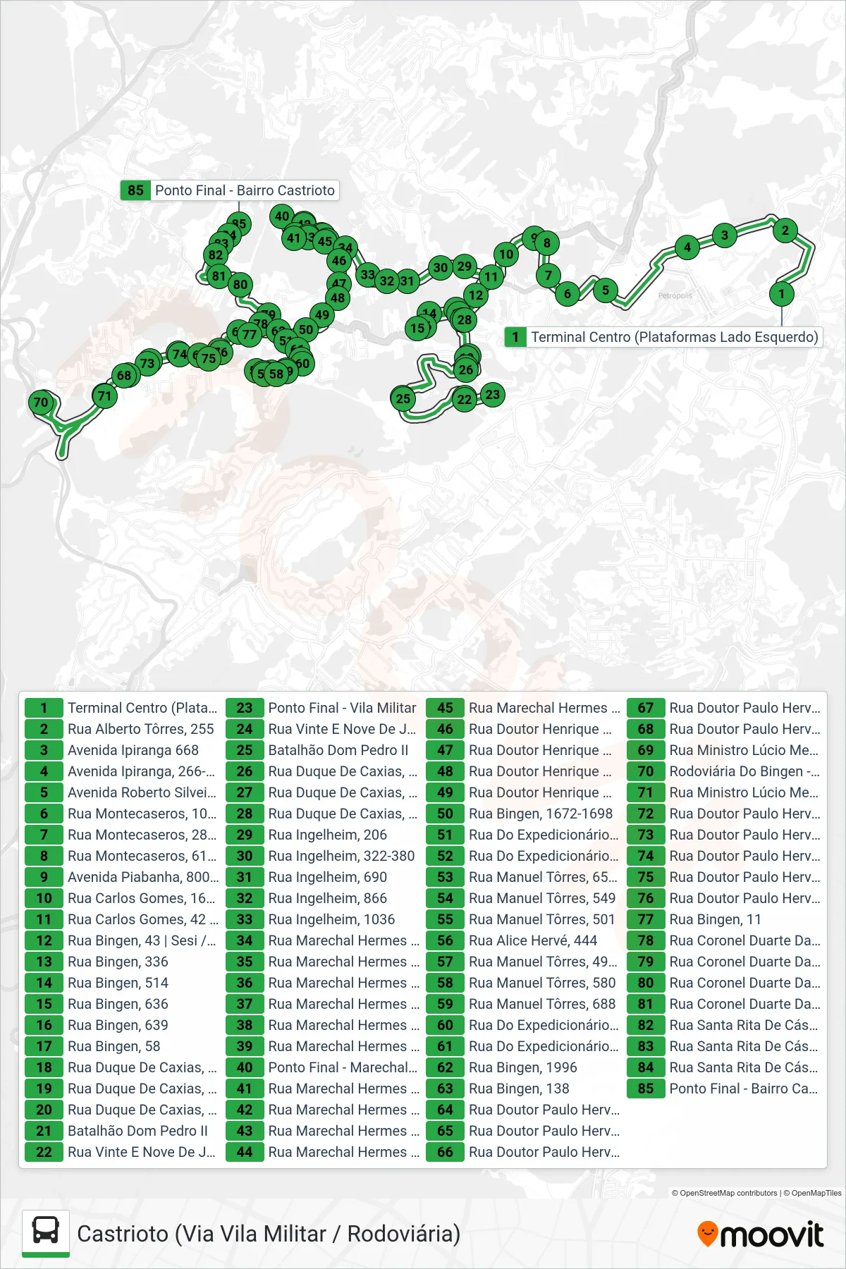 Rota e paradas da linha de ônibus 108 (Castrioto (Via Vila Militar / Rodoviária)) no mapa
