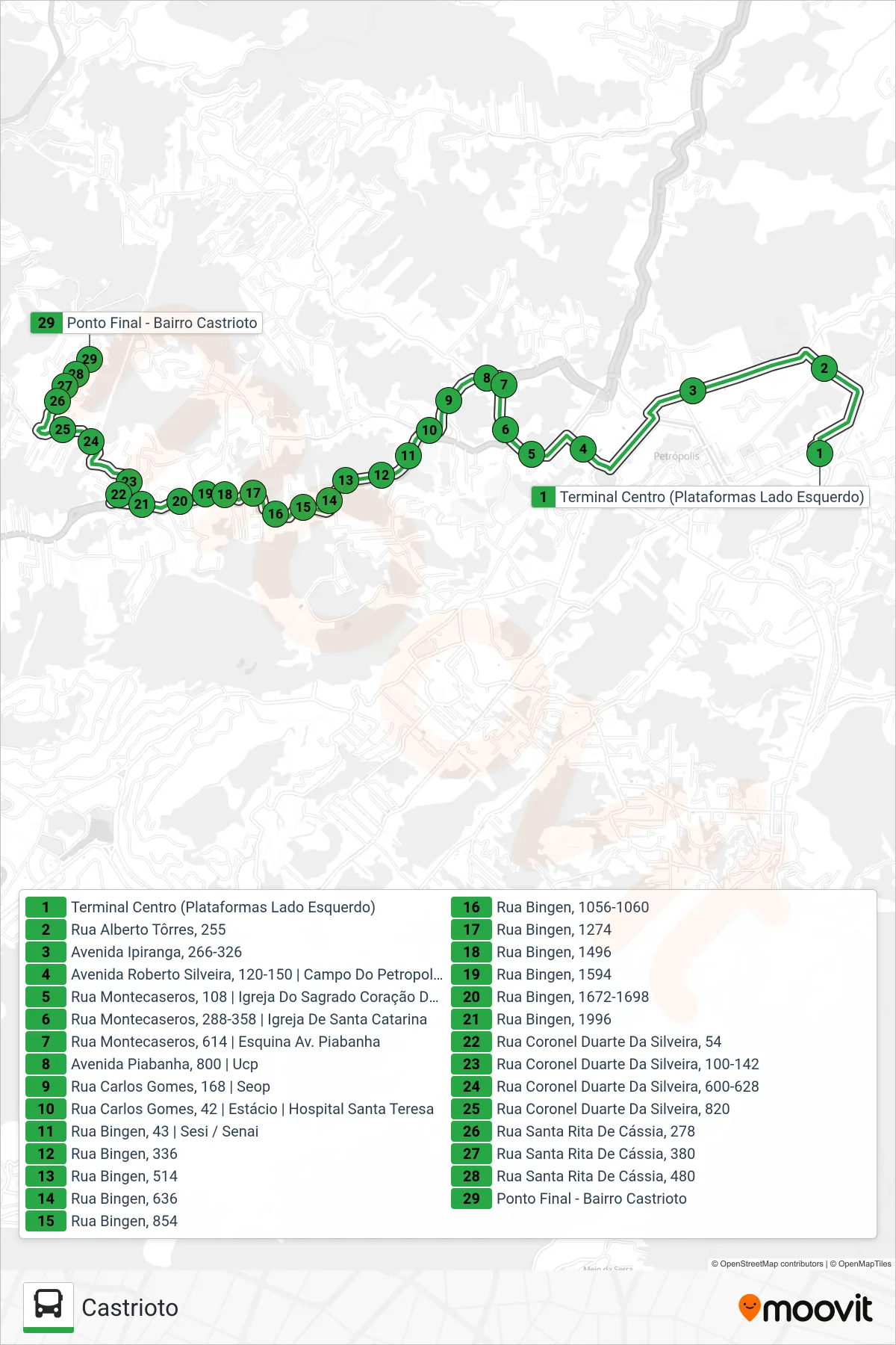 Rota e paradas da linha de ônibus 108 (Castrioto) no mapa