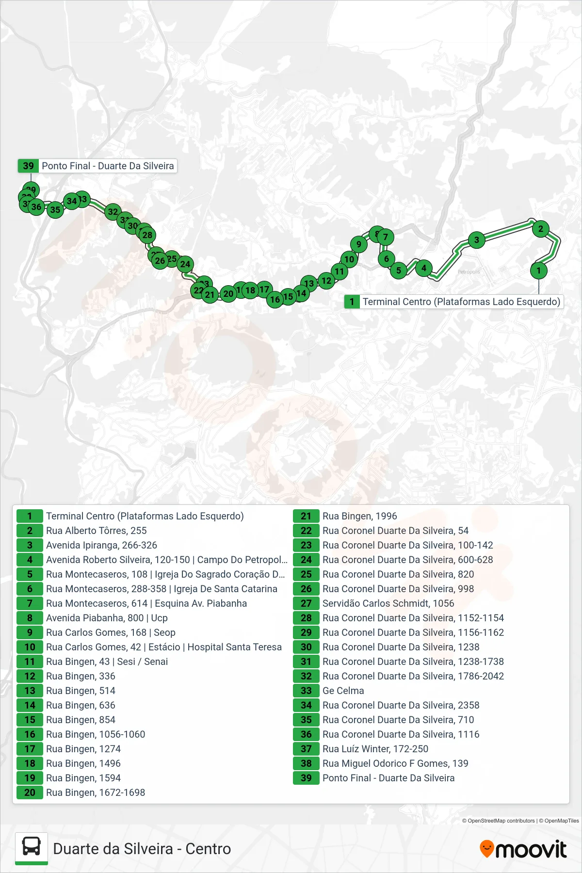 Rota e paradas da linha de ônibus 110 (Duarte Da Silveira) no mapa