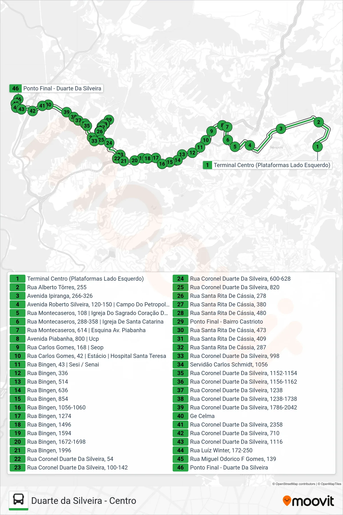 Rota e paradas da linha de ônibus 110 (Duarte Da Silveira (Via Castrioto)) no mapa
