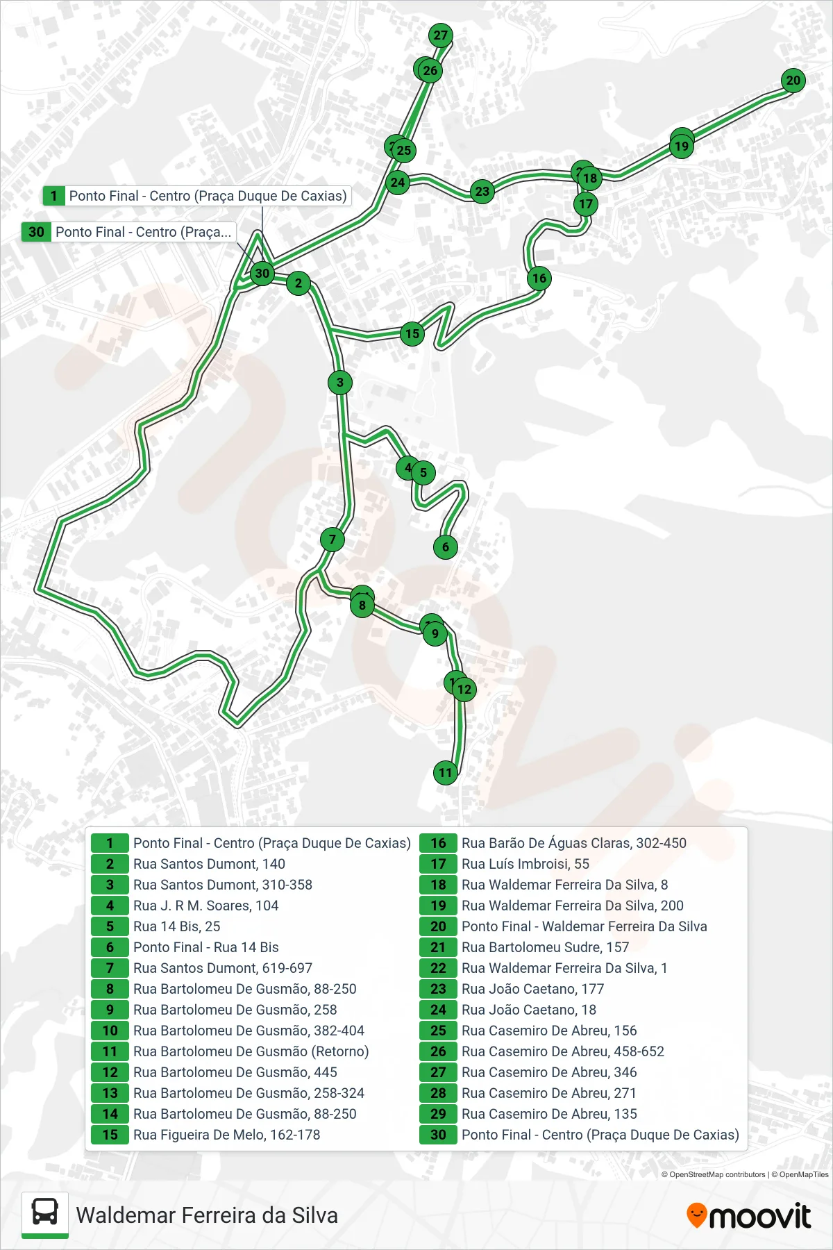 Rota e paradas da linha de ônibus 112 (Centro ↔ Waldemar F. Da Silva (Via 14 Bis / Bartolomeu Gusmão)) no mapa