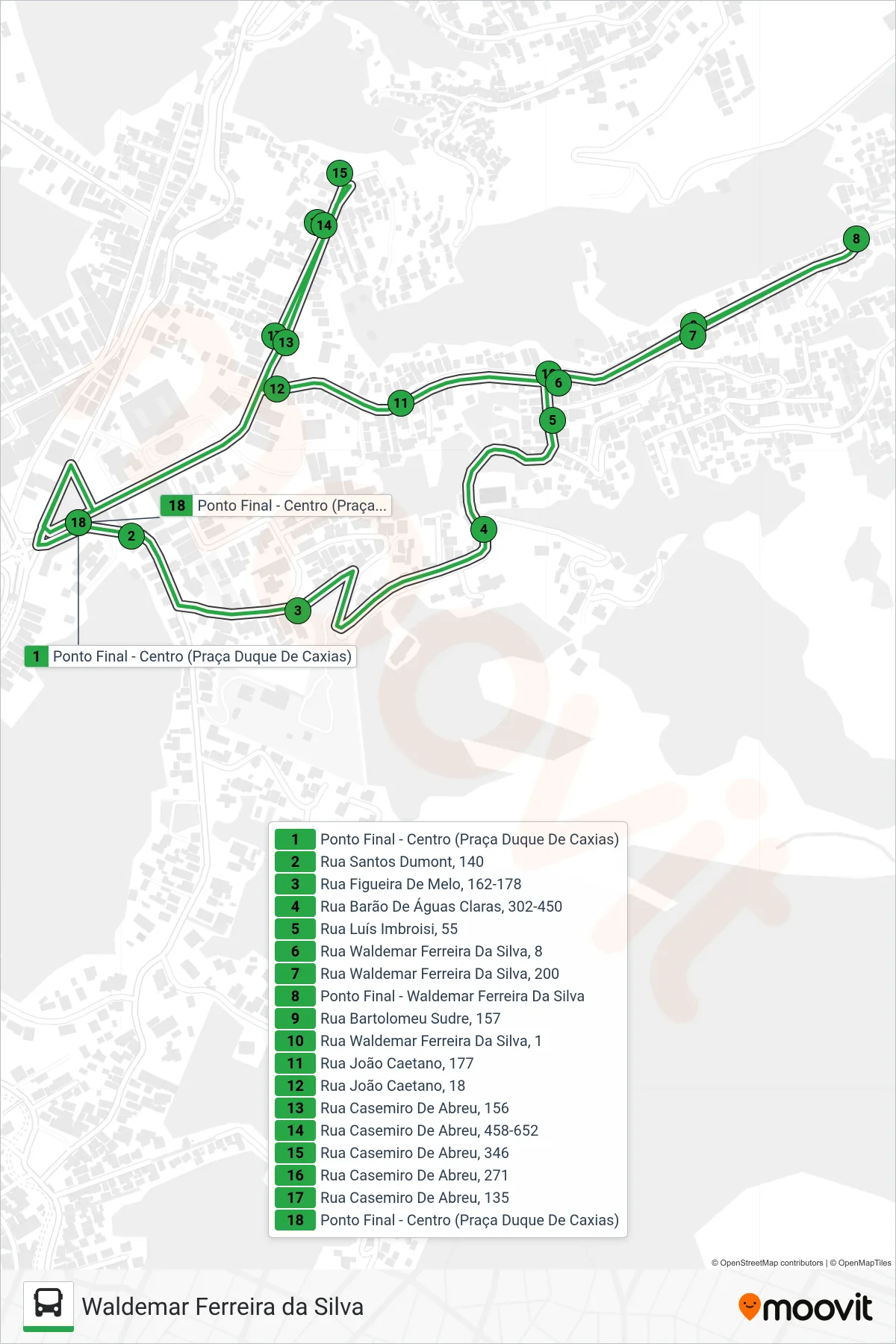 Rota e paradas da linha de ônibus  112  (Centro ↔ Waldemar F. Da Silva (Via Casemiro De Abreu)) no mapa