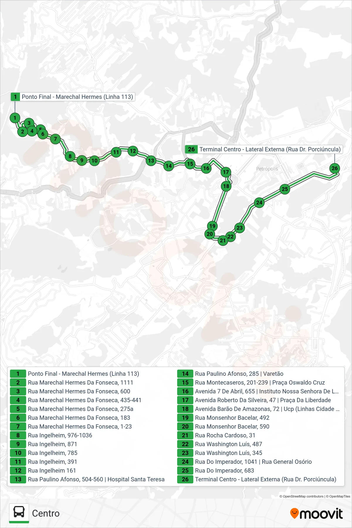 Rota e paradas da linha de ônibus  113  (Centro) no mapa