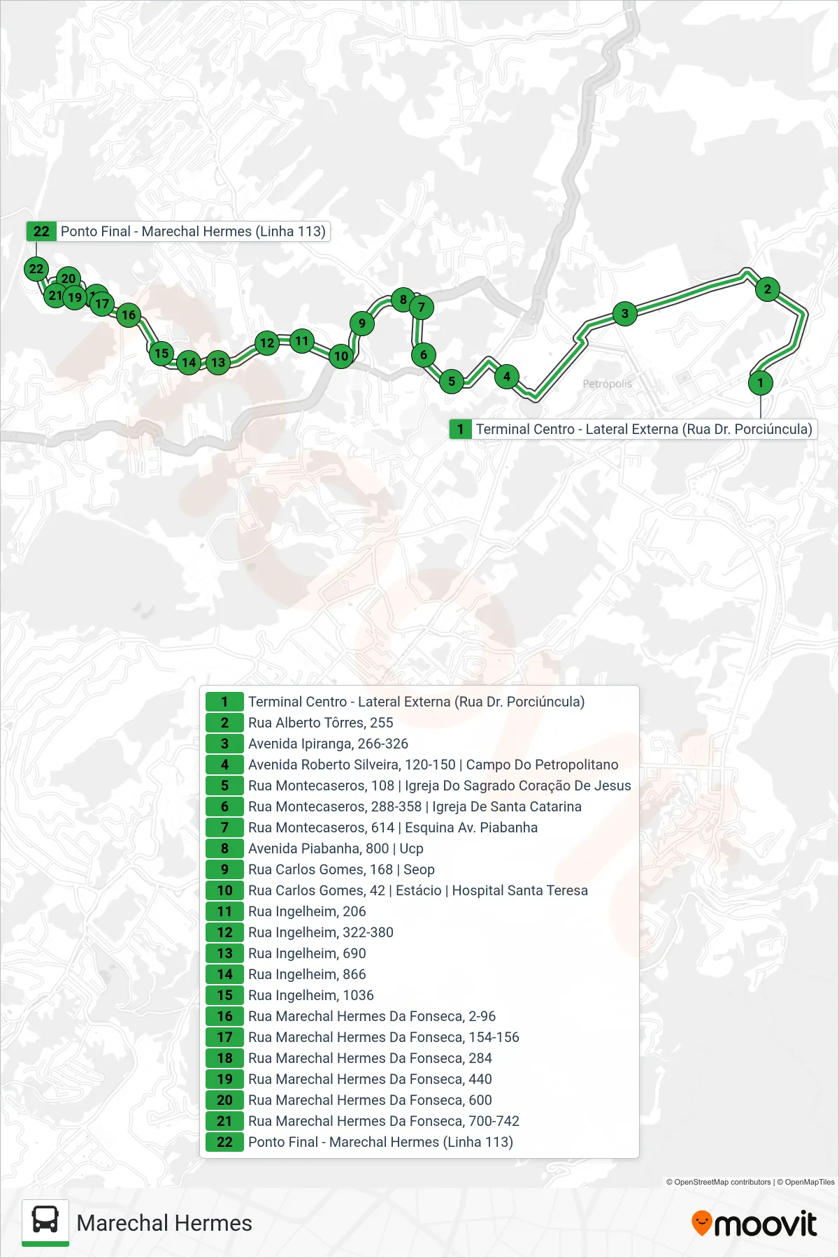 Rota e paradas da linha de ônibus 113 (Marechal Hermes) no mapa