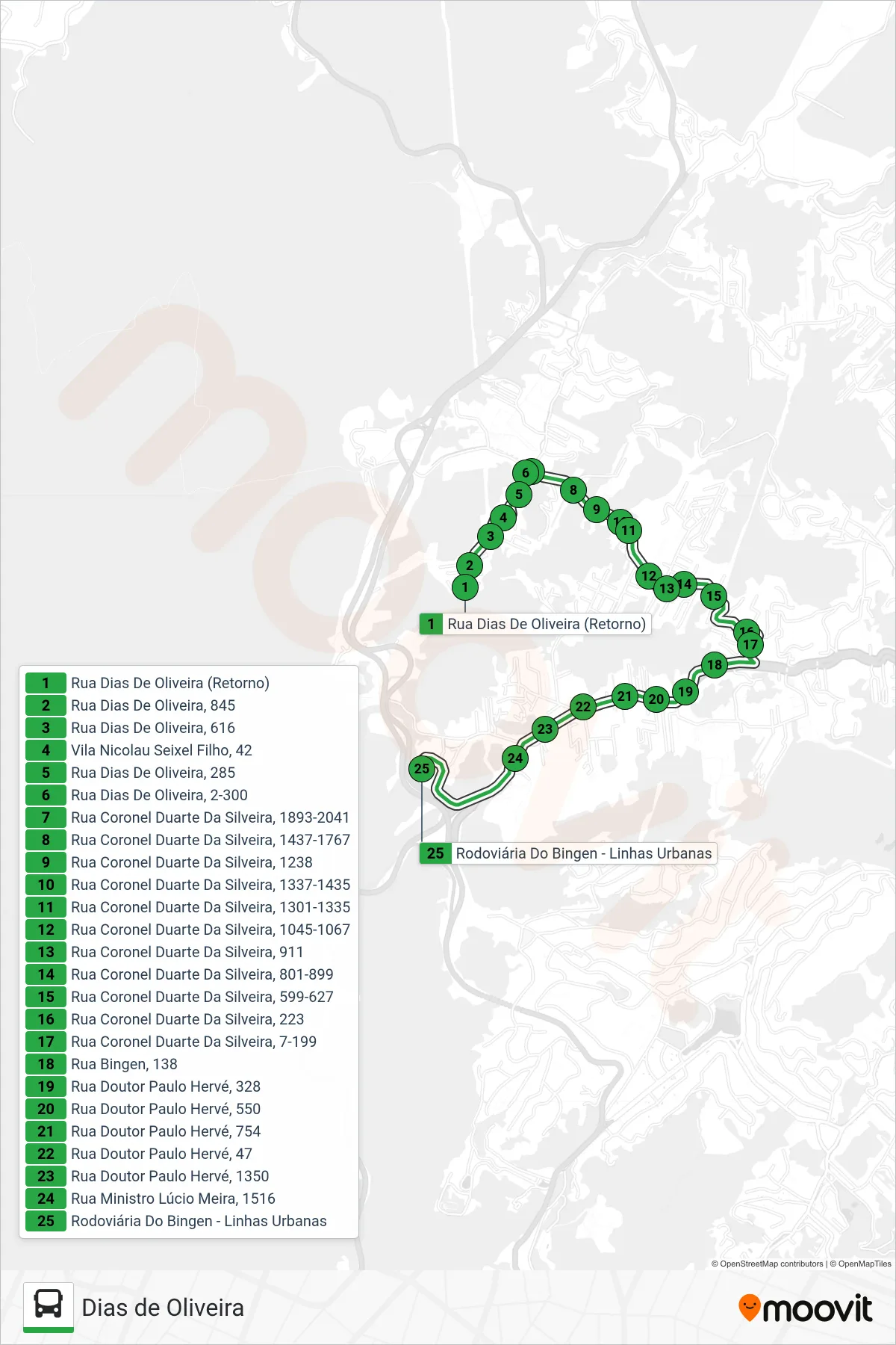 Rota e paradas da linha de ônibus 116 (Terminal Bingen) no mapa