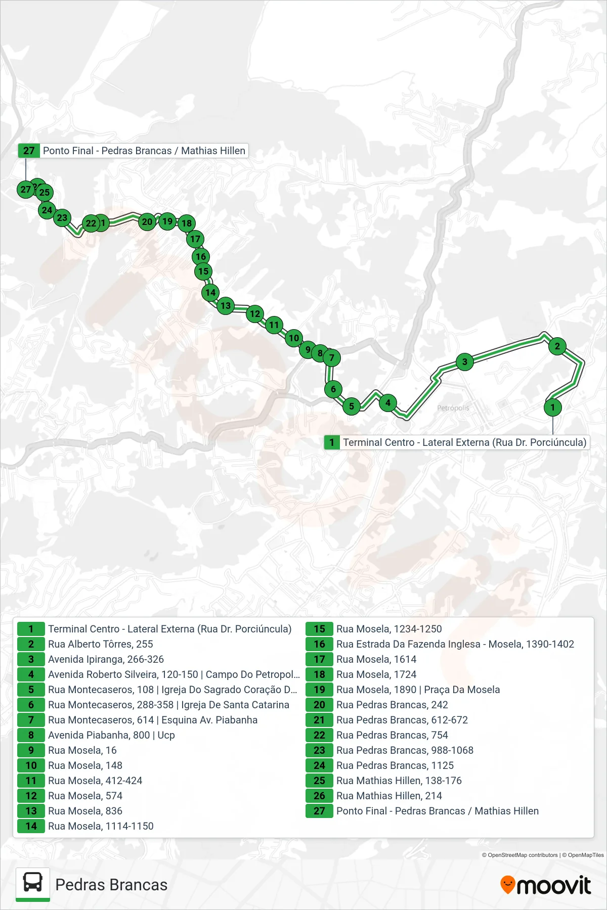 Rota e paradas da linha de ônibus  118  (Pedras Brancas) no mapa