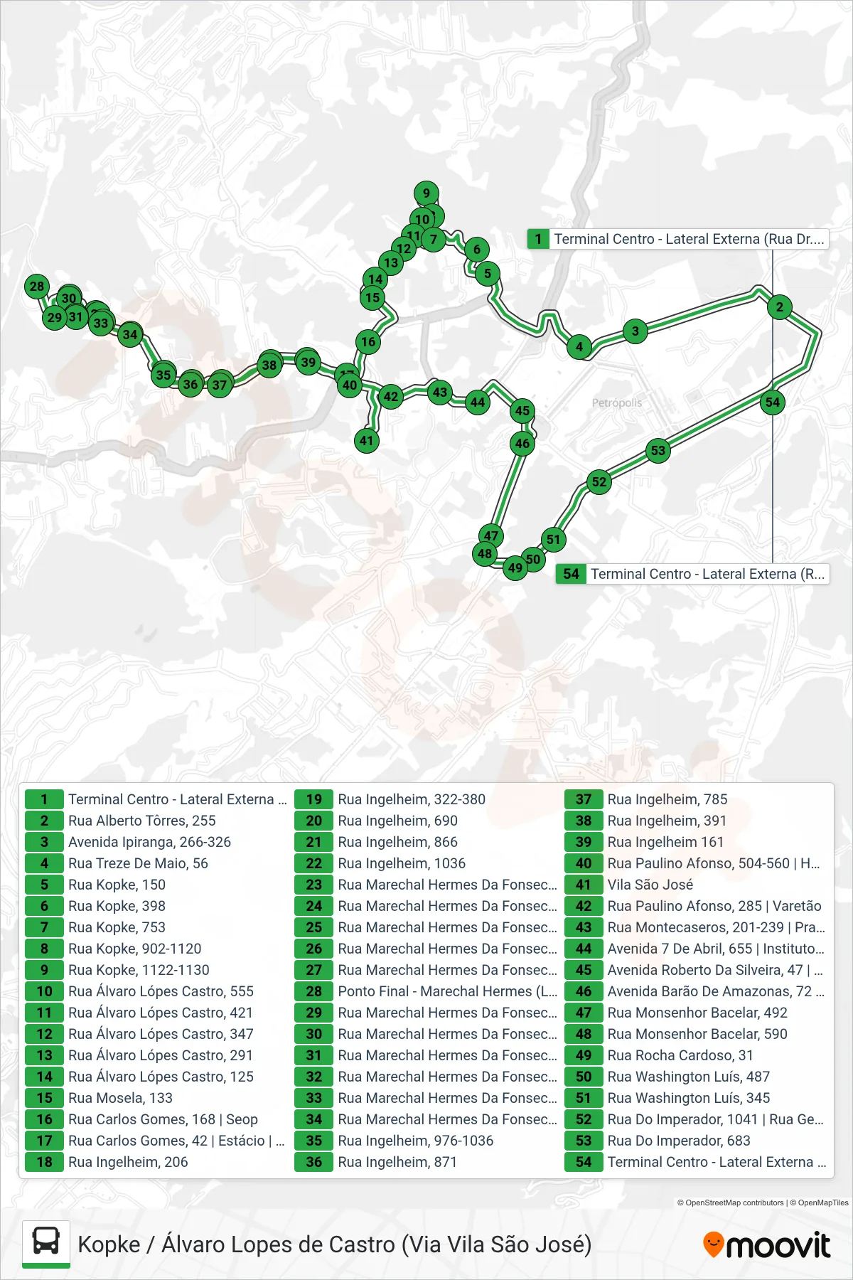 Rota e paradas da linha de ônibus 119 (Kopke / Álvaro L. Castro / Vl. São José (Via Marechal Hermes)) no mapa