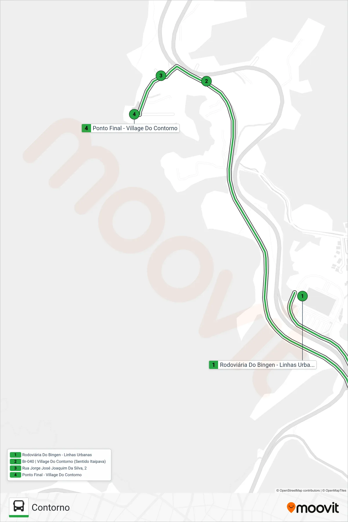 Rota e paradas da linha de ônibus 120 (Contorno) no mapa