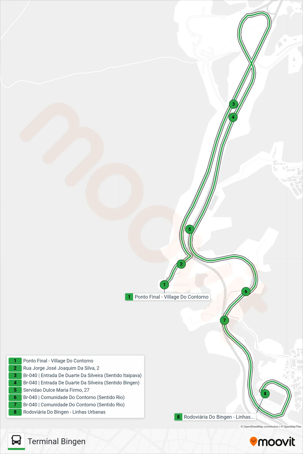 Rota e paradas da linha de ônibus 120 (Terminal Bingen) no mapa