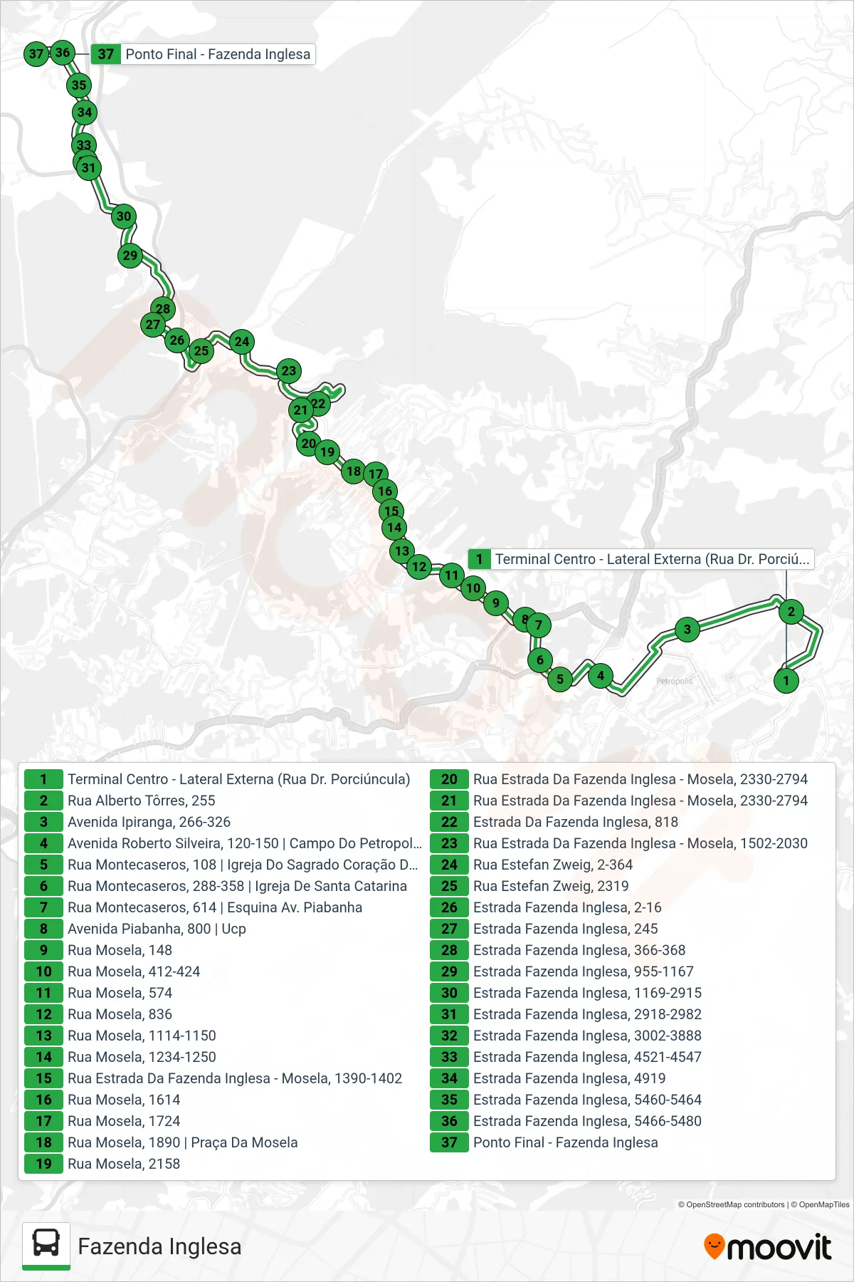 Rota e paradas da linha de ônibus 122 (Fazenda Inglesa (Via Praça Da Mosela)) no mapa