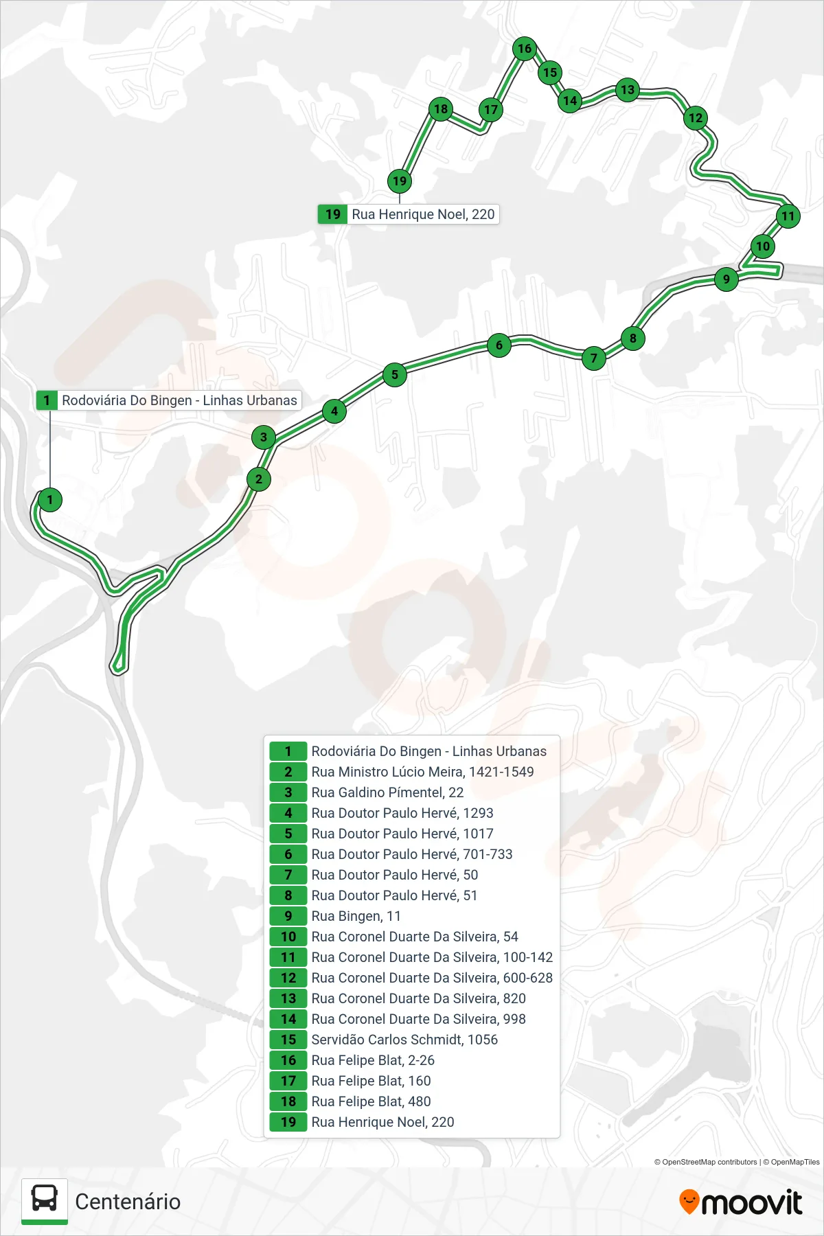 Rota e paradas da linha de ônibus 123 (Centenário) no mapa