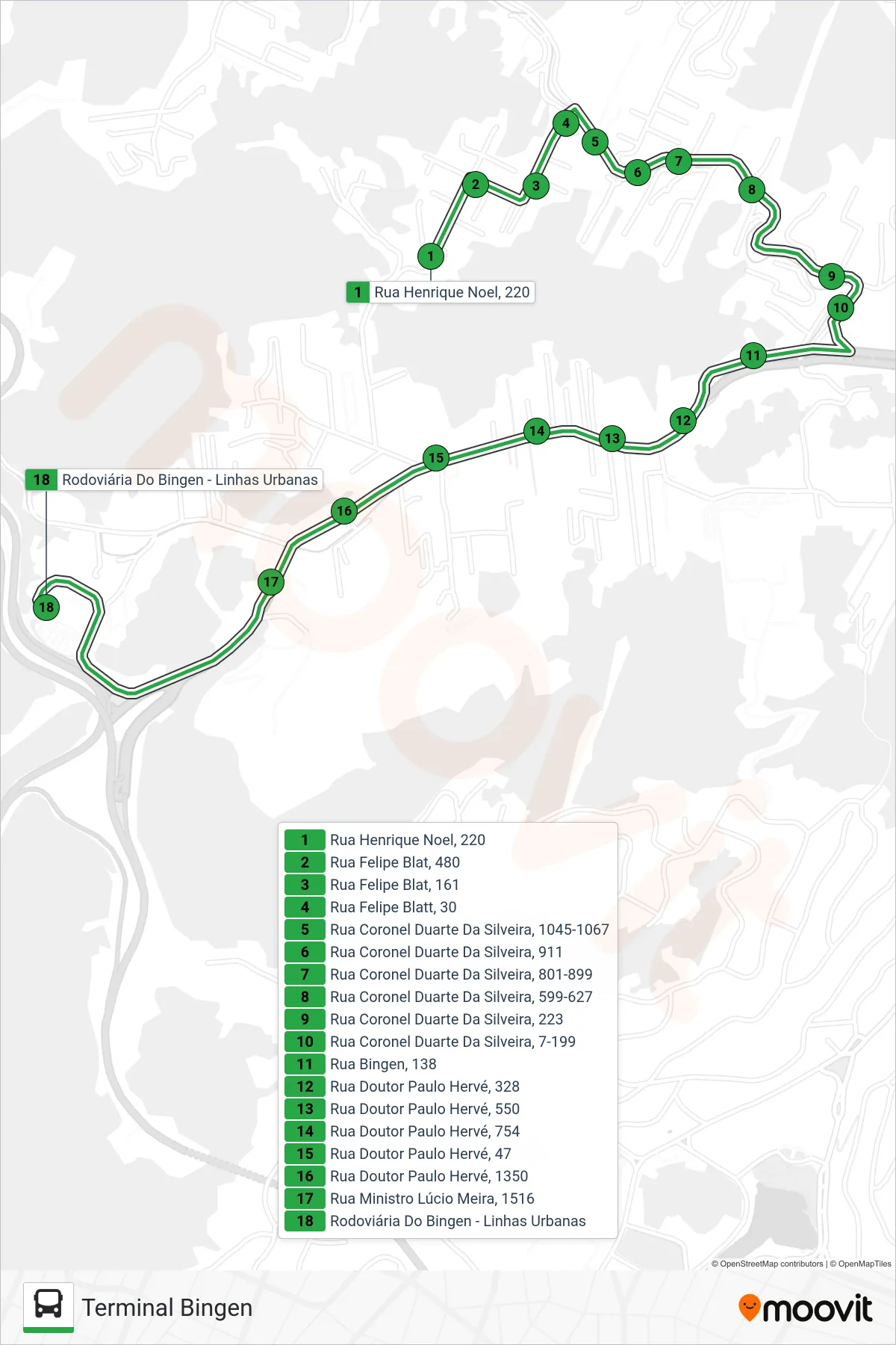 Rota e paradas da linha de ônibus 123 (Terminal Bingen) no mapa