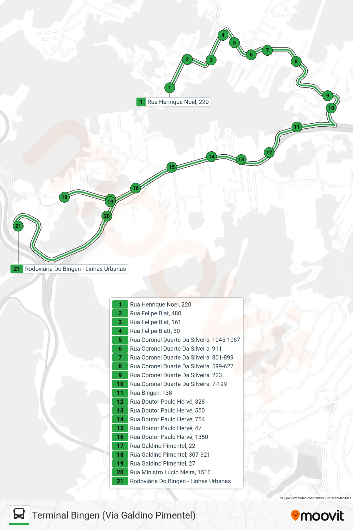 Rota e paradas da linha de ônibus 123 (Terminal Bingen (Via Galdino Pimentel)) no mapa