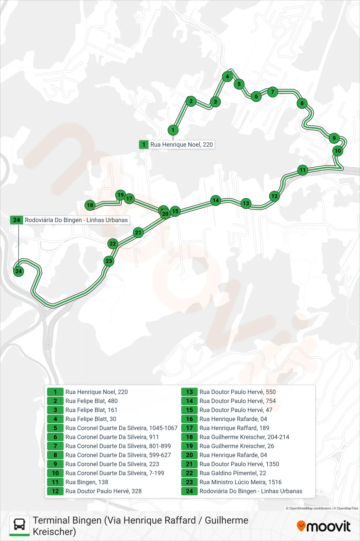 Rota e paradas da linha de ônibus 123 (Terminal Bingen (Via Henrique Raffard / Guilherme Kreischer)) no mapa