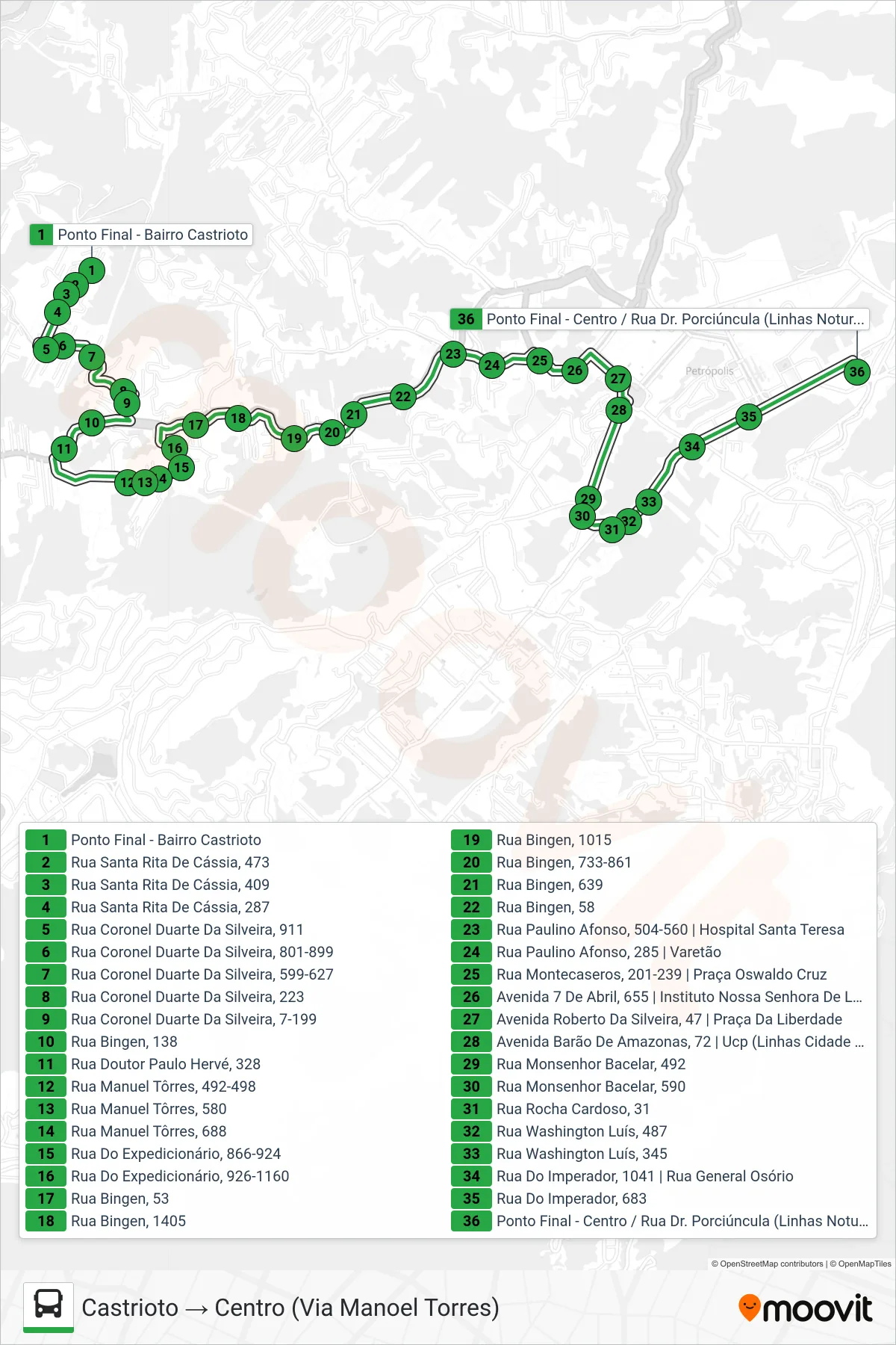 Rota e paradas da linha de ônibus 125 (Castrioto → Centro (Via Manoel Torres)) no mapa